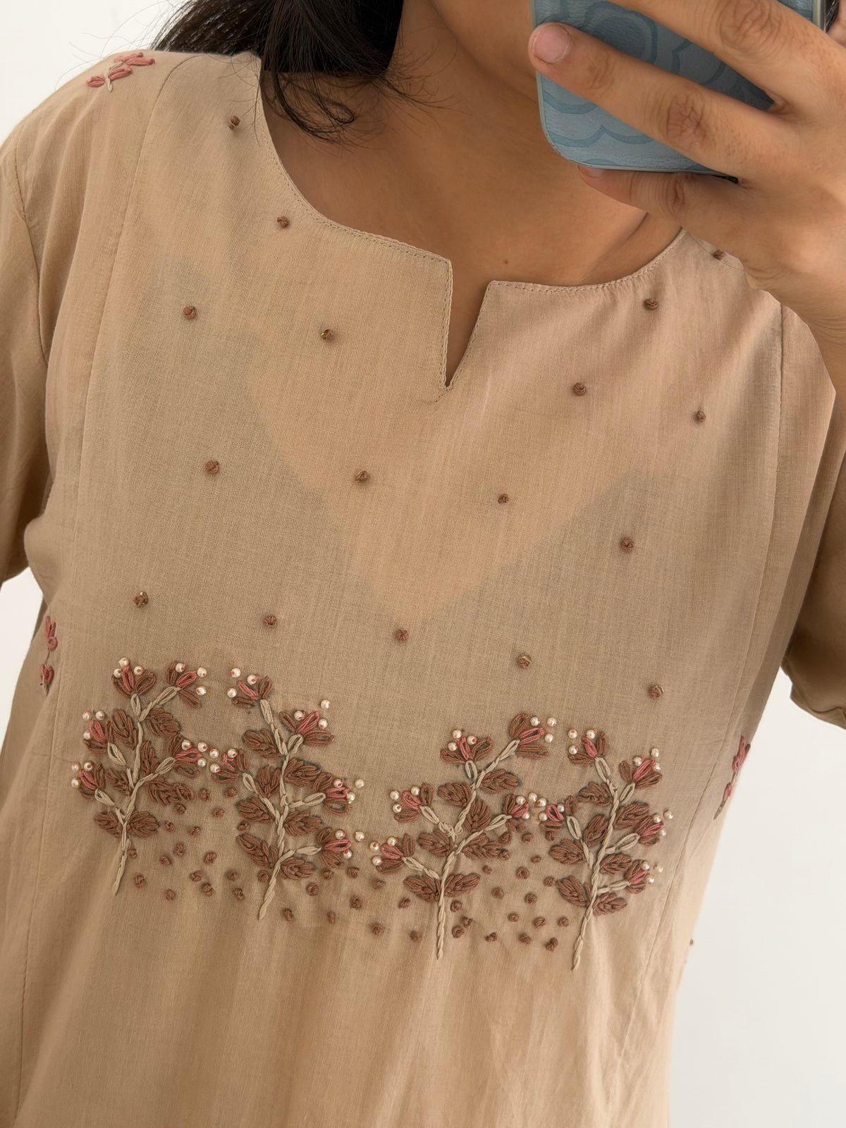 K381 - Mul cotton embroidered straight Kurti with pants and dupatta