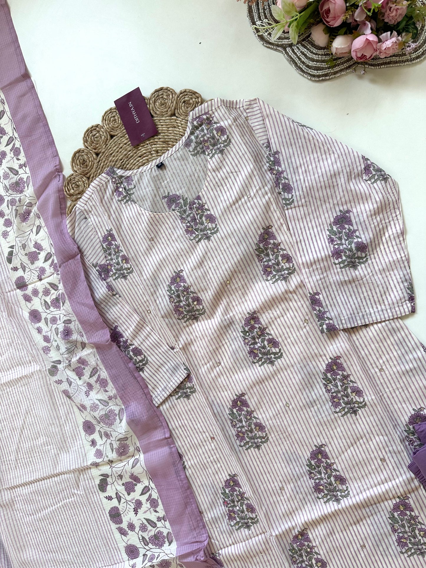 K357 - Cotton Printed Straight kurti with pants and dupatta in 2 colours.