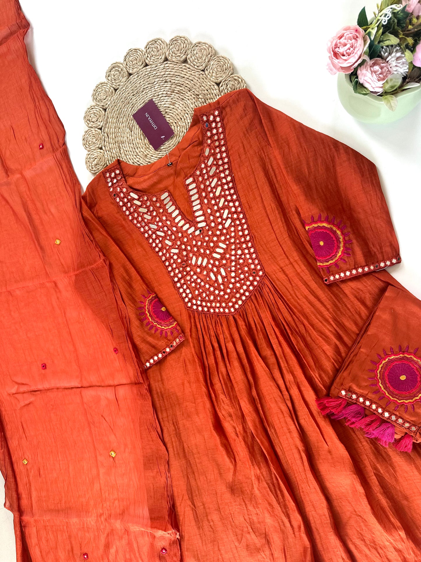 K208 - Mul Chanderi Mirror work Anarkali with pants and dupatta .