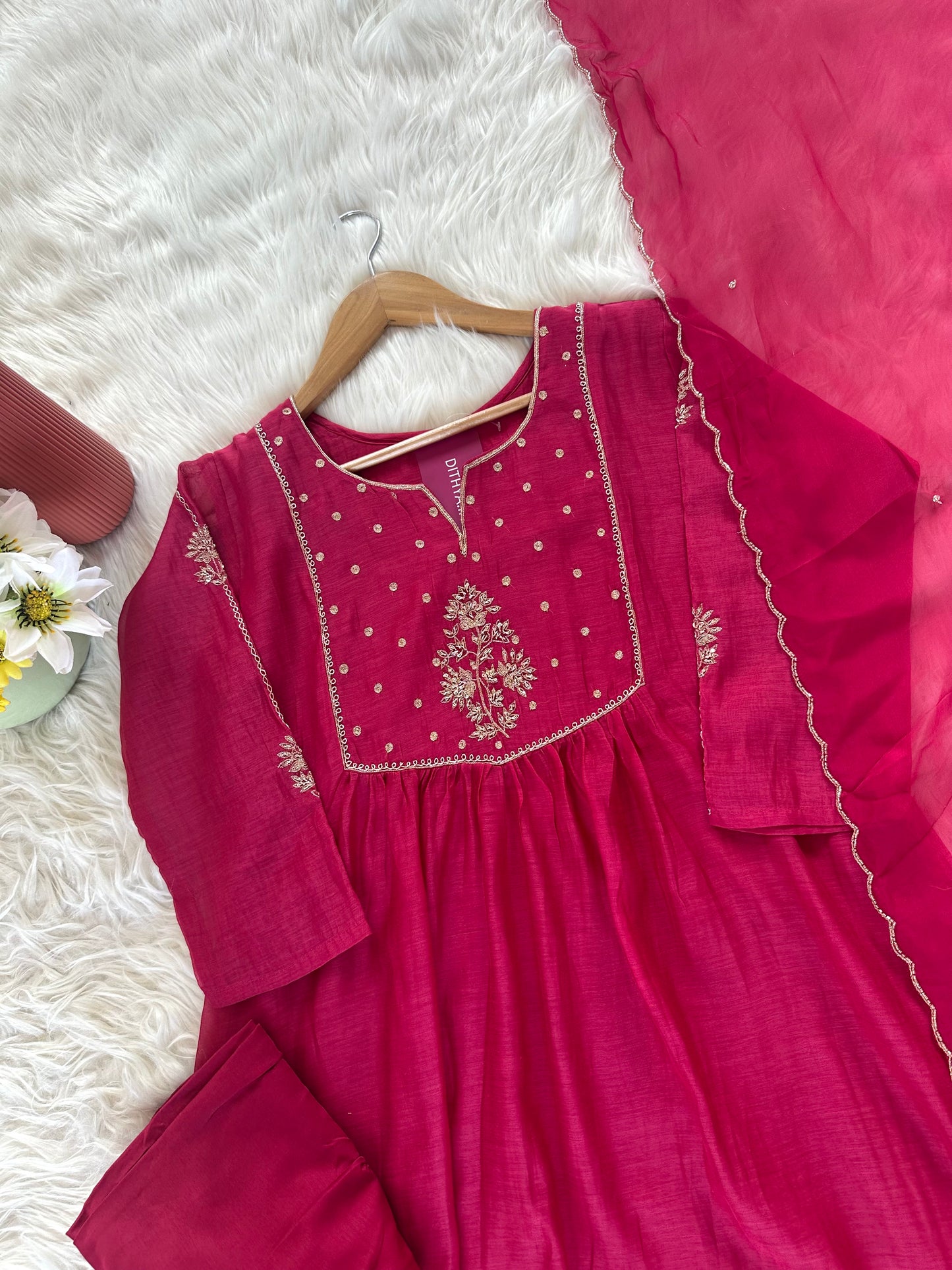 K037 - Mul Chanderi handwork Aline Kurti with pants and dupatta