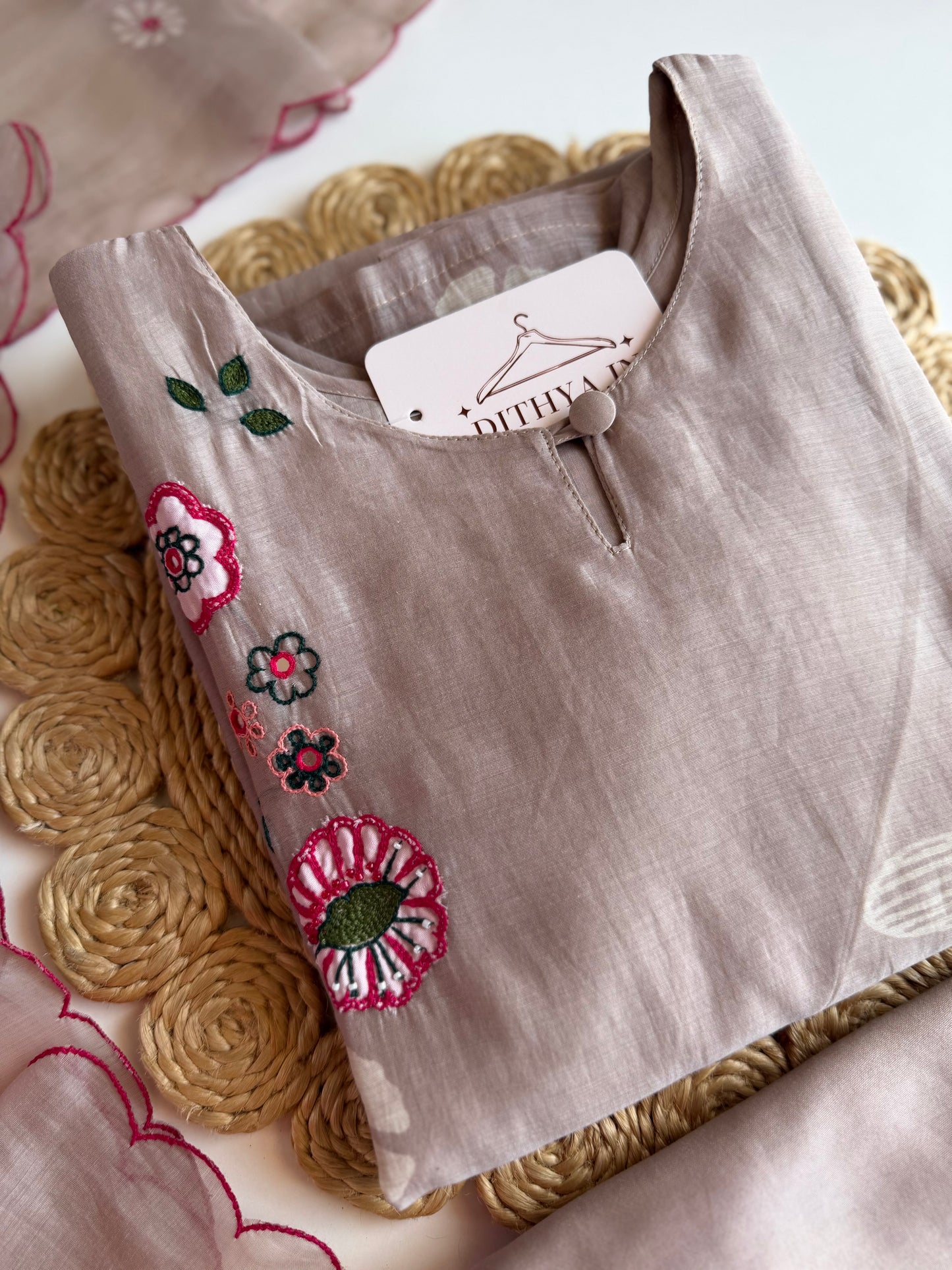 K619 - Mul chanderi embroidered straight Kurti with pants and dupatta