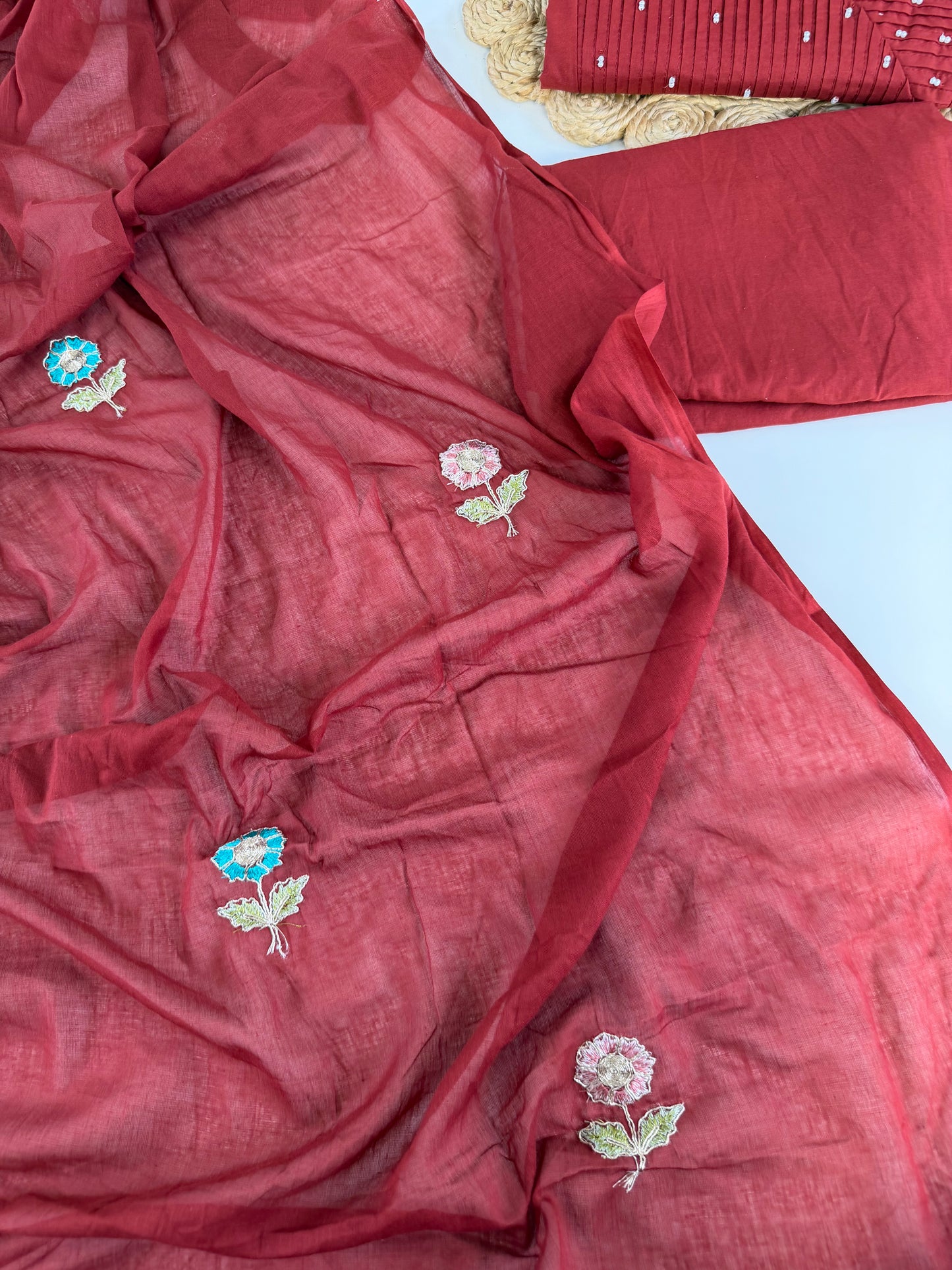 K651 - Mul cotton embroidered Anarkali with pants and dupatta