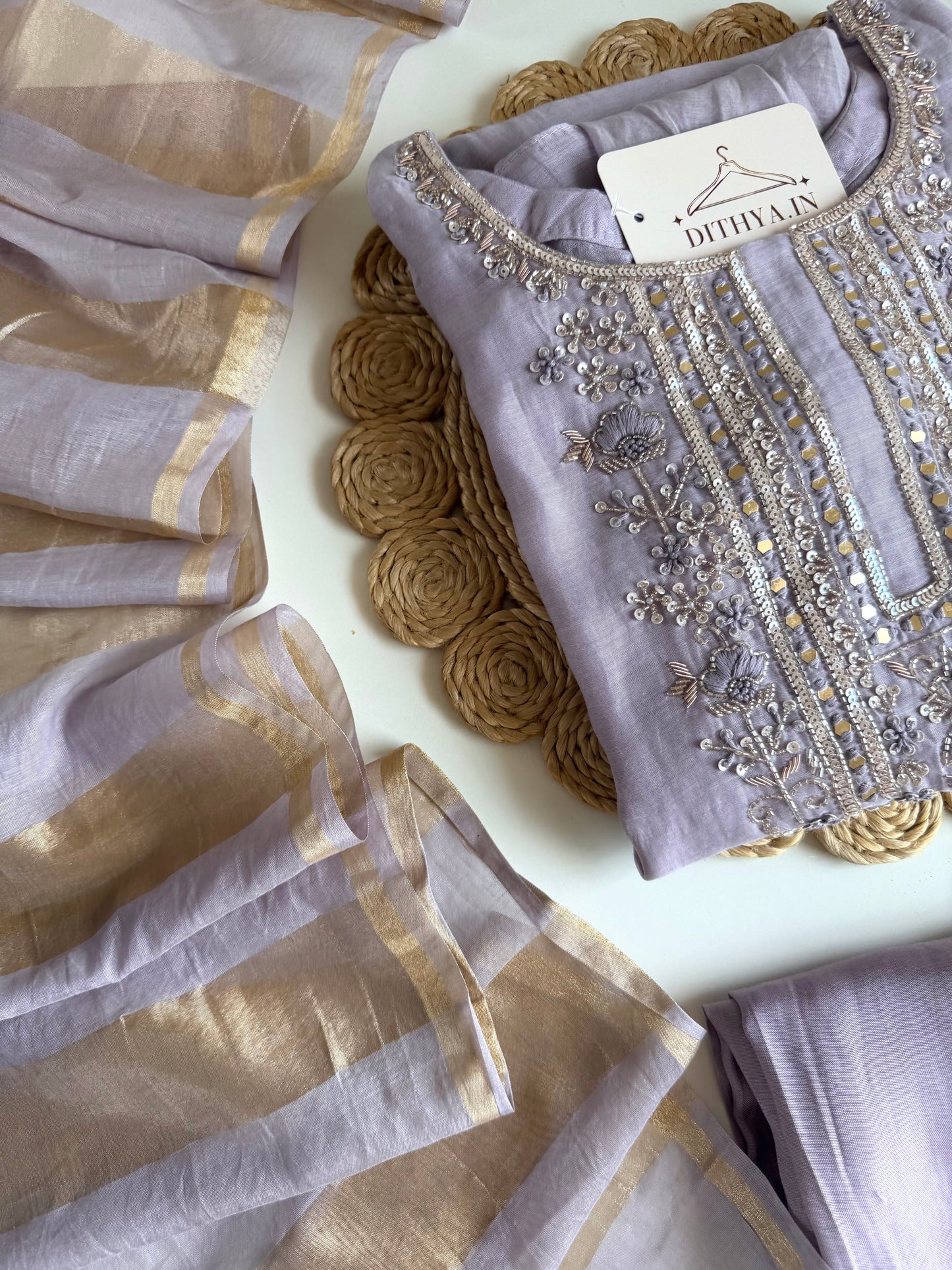 K493 - Mul chanderi handwork aline Kurti with pants and dupatta