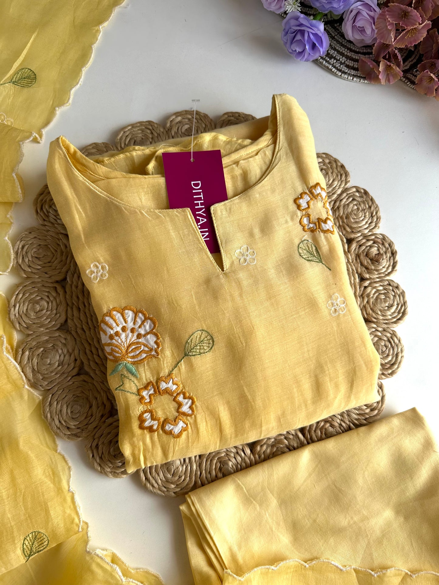 K086 - Mul Chanderi Appliqué work Aline Kurti with pants and dupatta