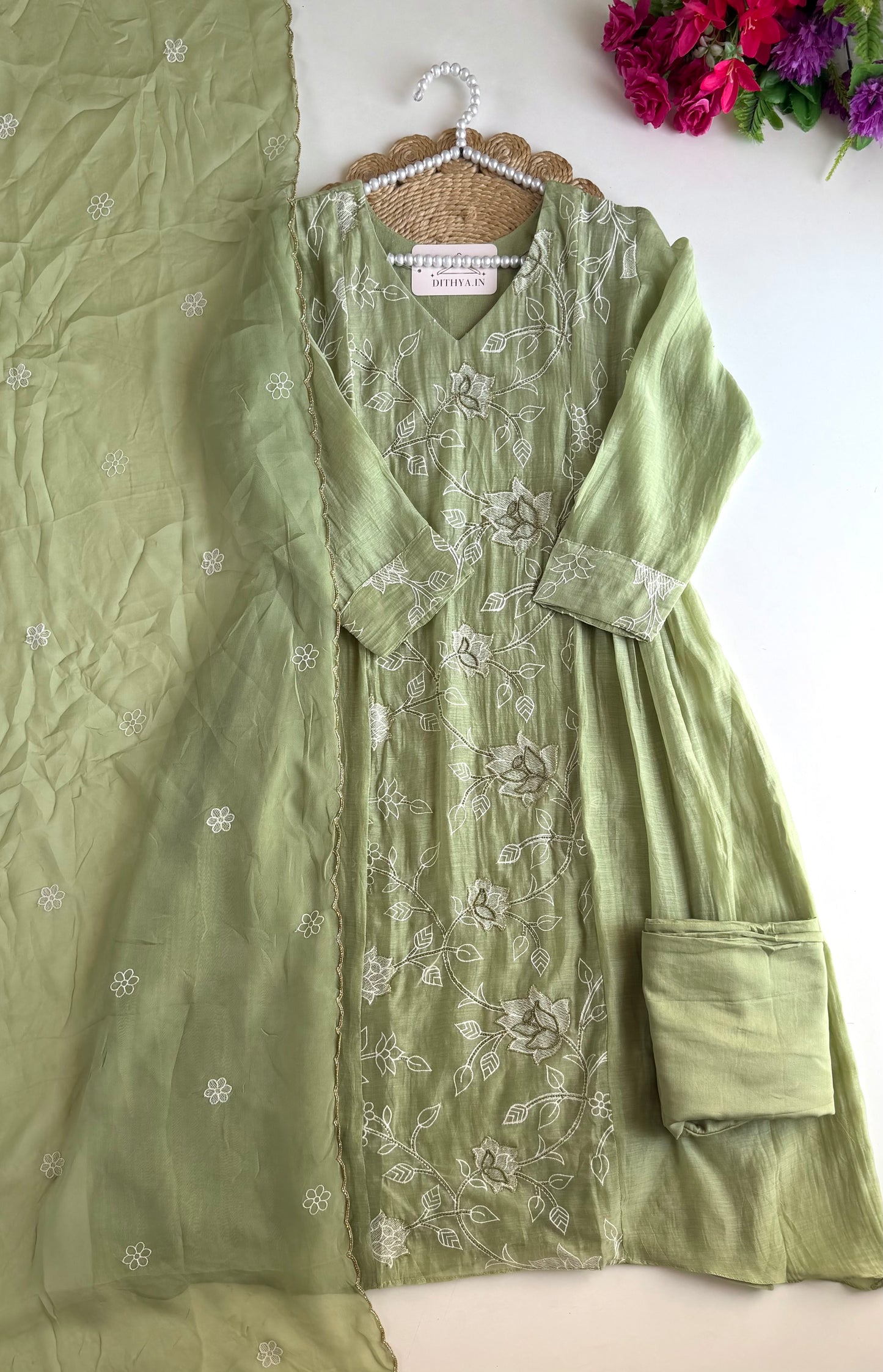 K735 - Mul chanderi embroidered Anarkali with pants and dupatta in 2 colours