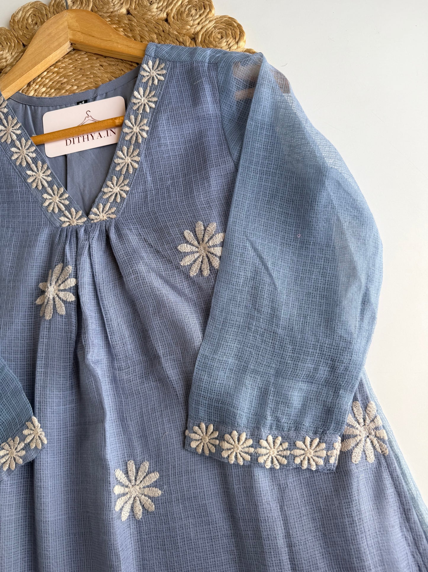 K713 - Kota doriya embroidered Aline Kurti with pants and dupatta