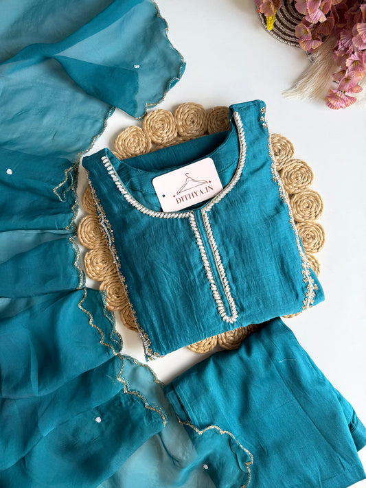 K506 - Mul chanderi handwork aline Kurti with pants and dupatta