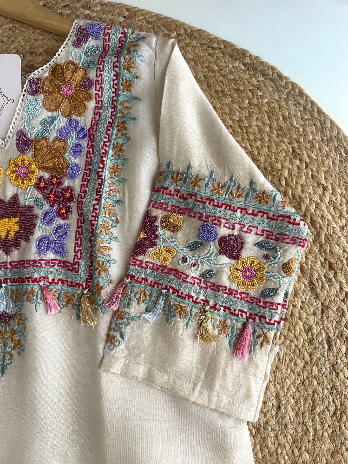 K461 - Russian silk handwork straight Kurti with pants and dupatta