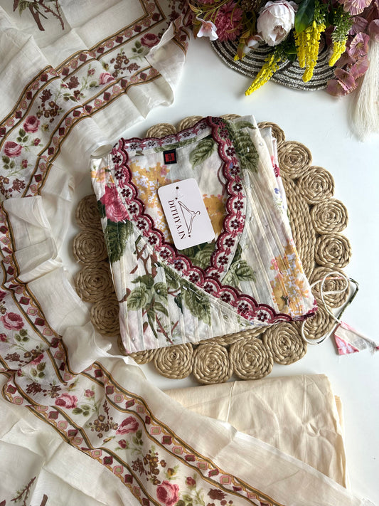 K465 - Mul cotton pleated floral Aline Kurti with pants and dupatta