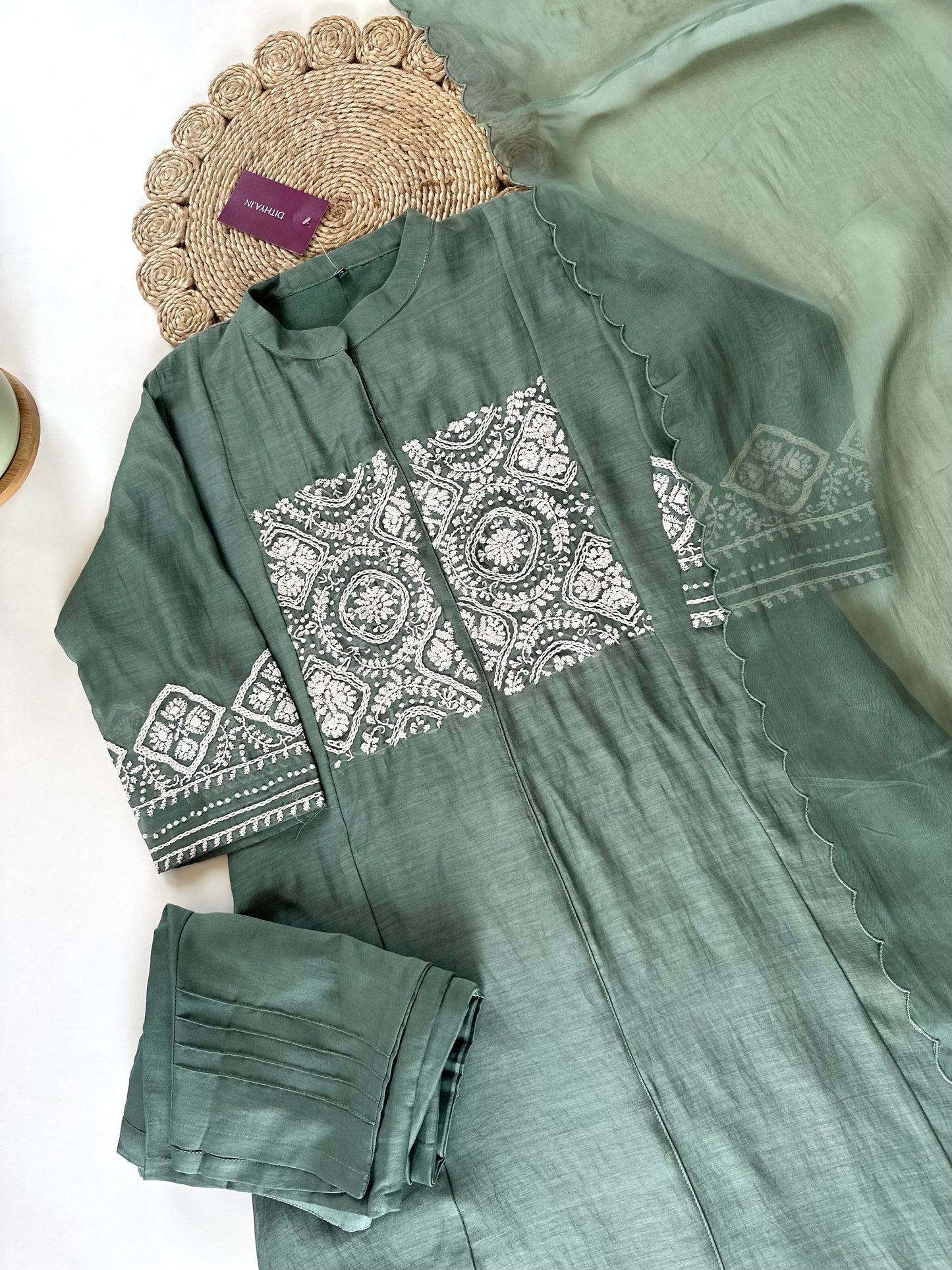 K307 - Mul Chanderi Aline Kurti with pants and dupatta .