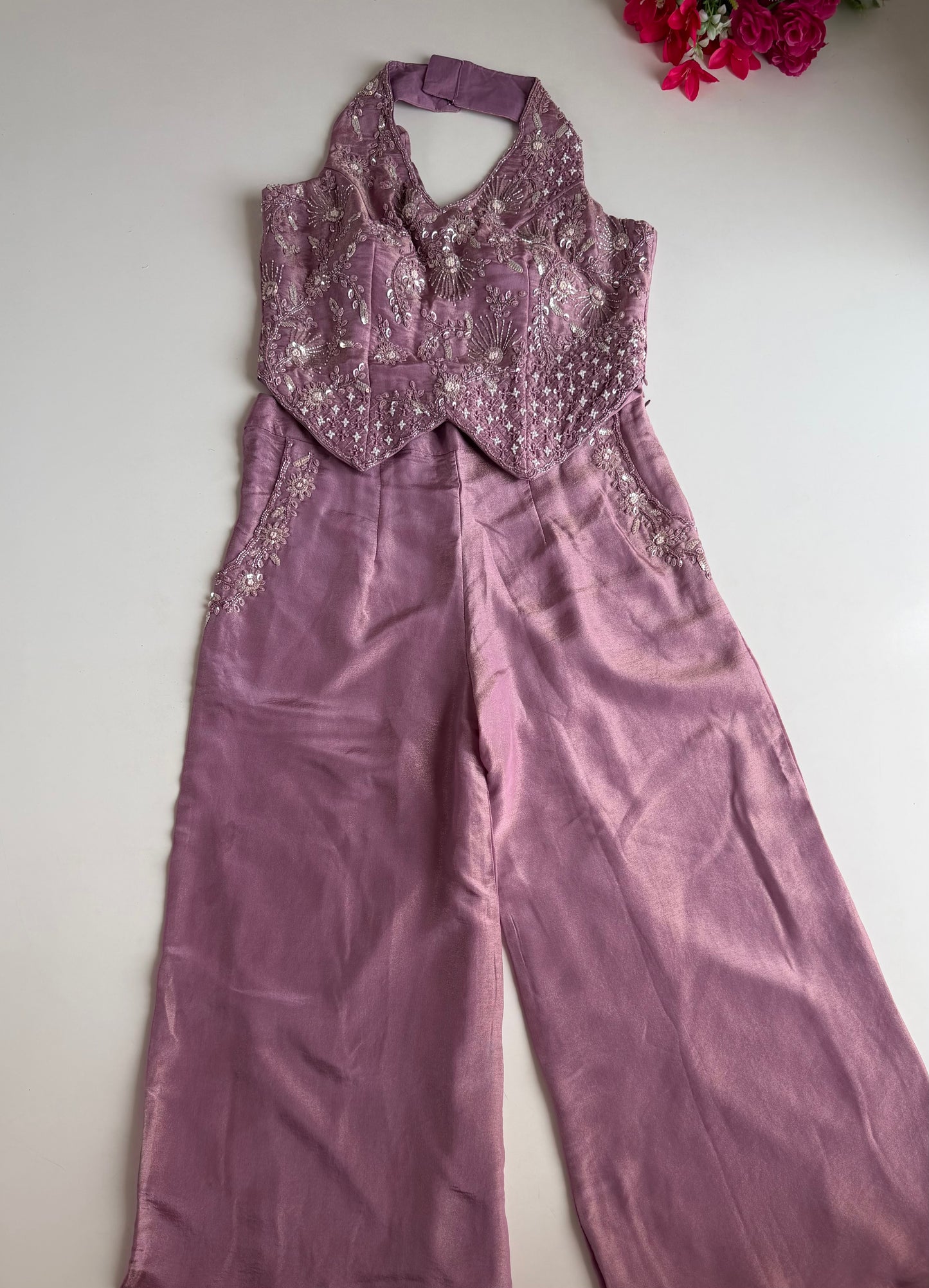 K533 - Tissue silk handwork crop top with divider pants in 3 colours