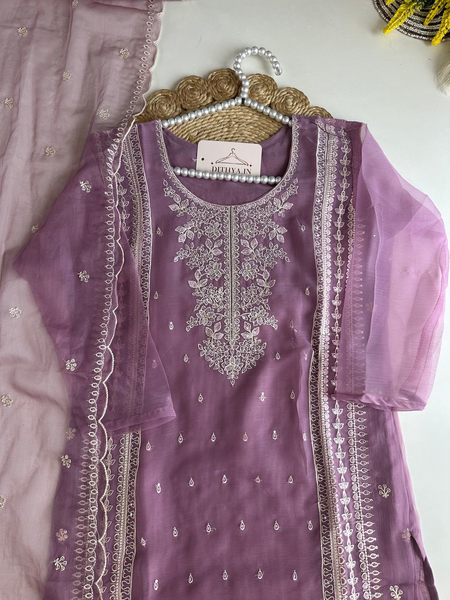 K492 - Organza embroidered straight Kurti with pants and dupatta