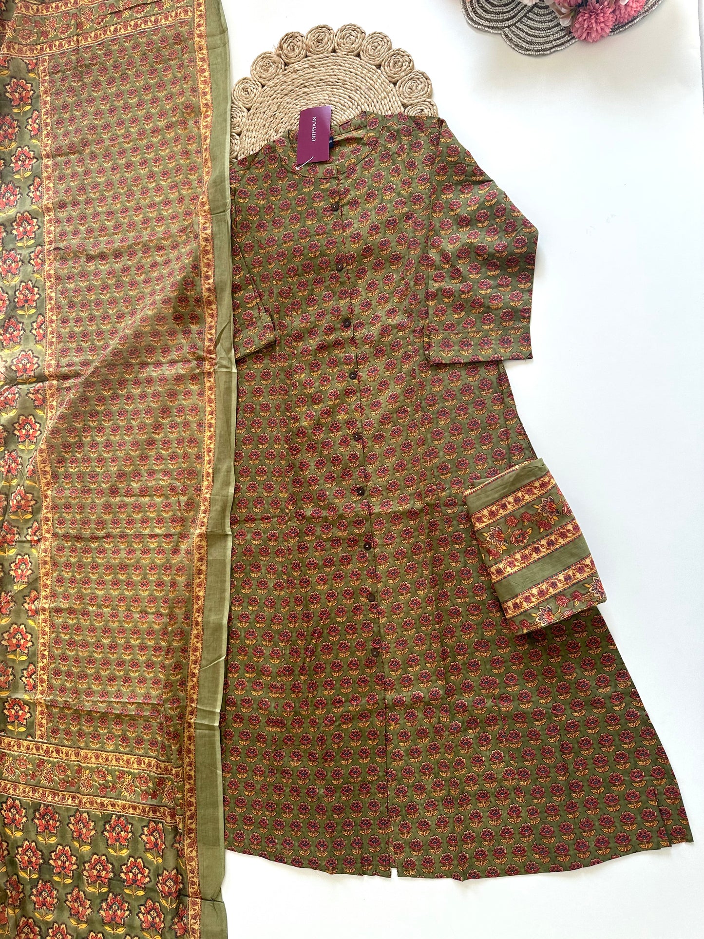 K368 - Mul cotton floral Aline Kurti with pants and dupatta .