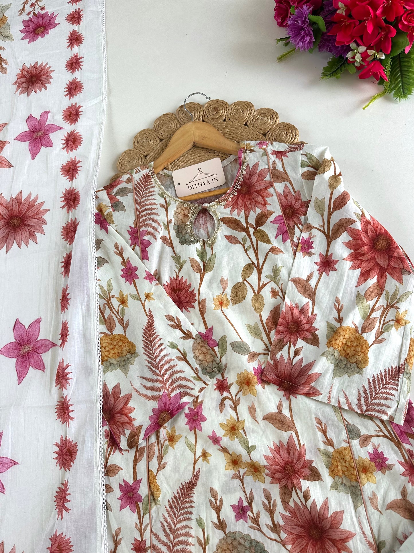 K279 - Mul cotton floral Aline Kurti with pants and dupatta