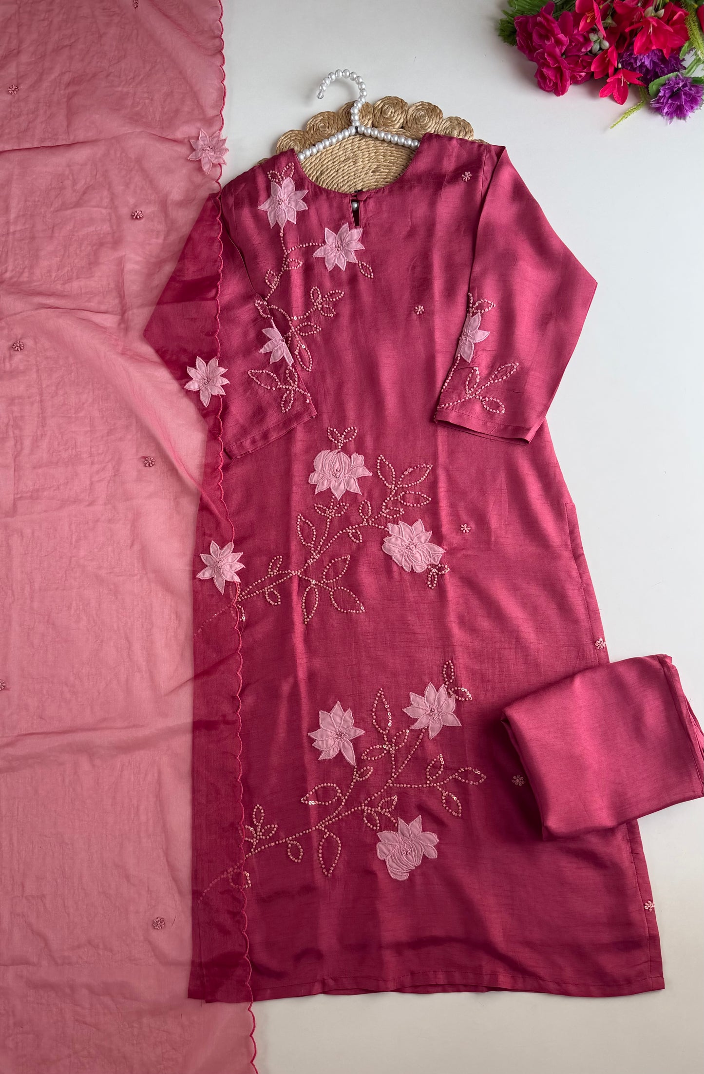 K119 - Russian silk appliqué handwork straight Kurti with pants and dupatta