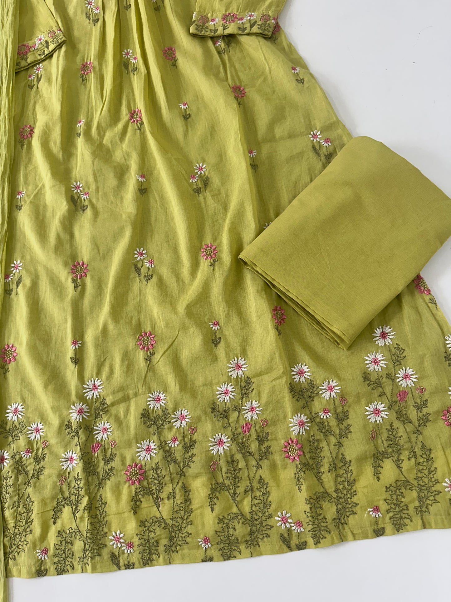 K395 - Mul cotton embroidered Aline Kurti with pants and dupatta in 3 colours