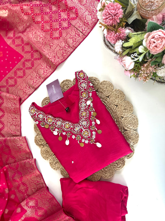 K241 - Russian silk handwork Straight kurti with pants and Banarasi silk dupatta .