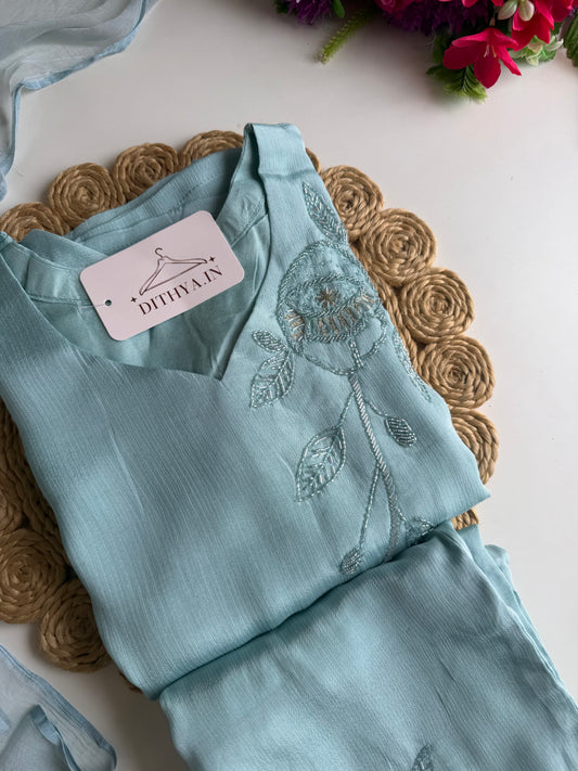 K457 - Pure Chinnon handwork straight Kurti with pants and dupatta