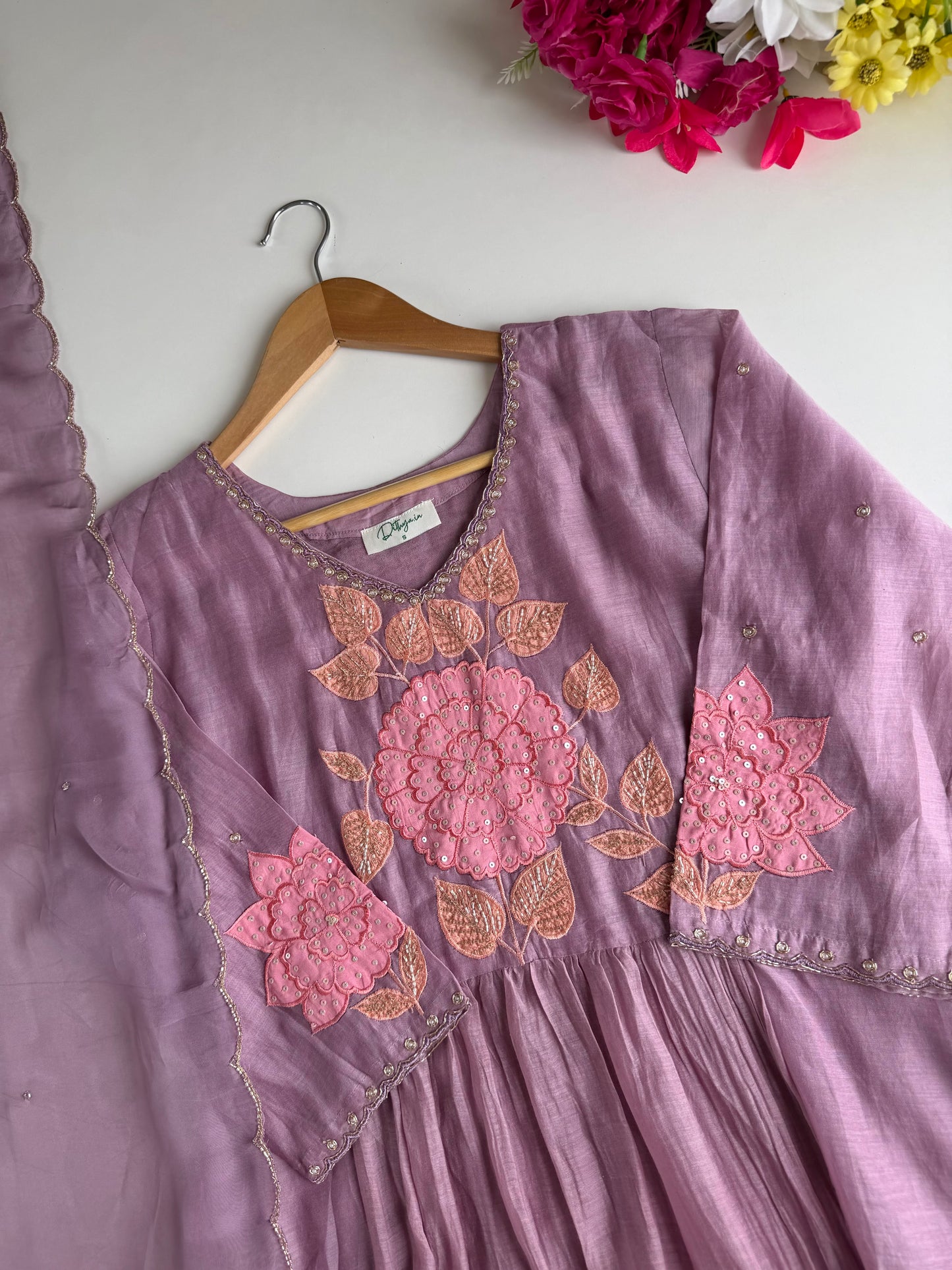 K257 - Mul chanderi handwork Anarkali with pants and dupatta