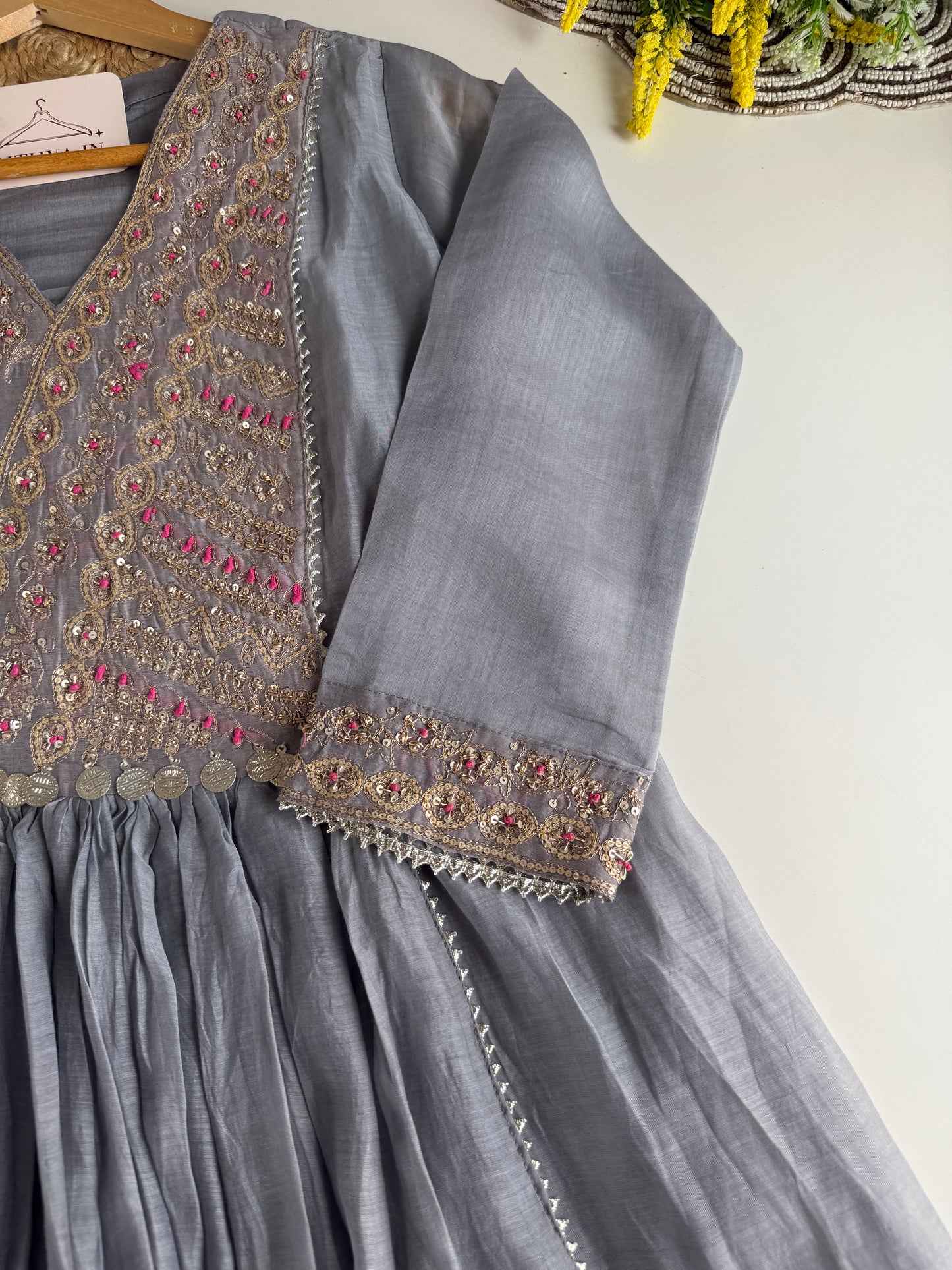K486 - Mul Chanderi handwork Anarkali with pants and dupatta