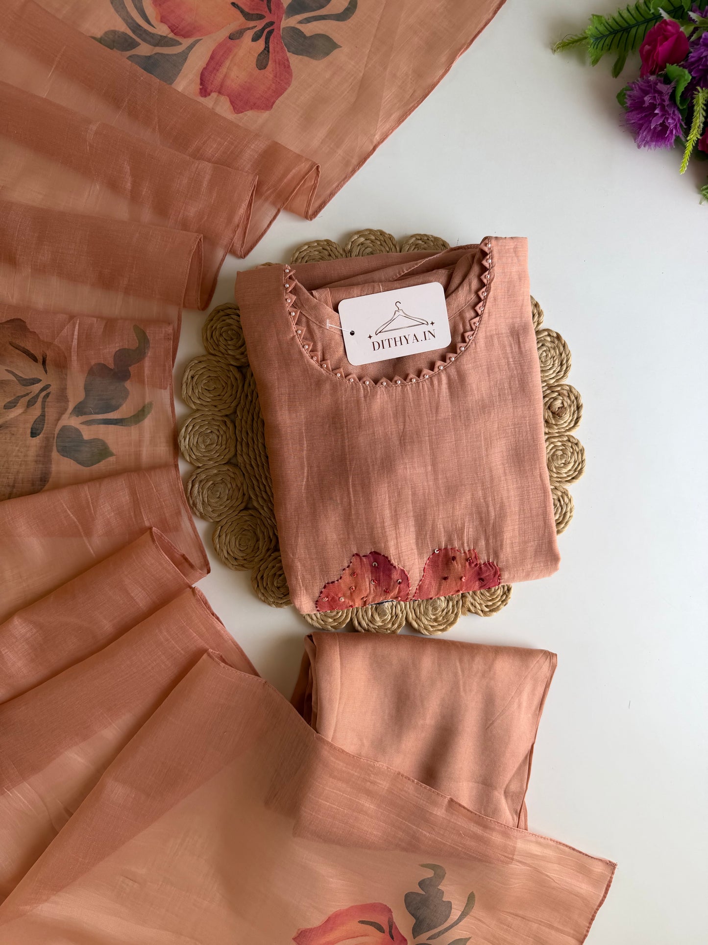 K639 - Mul chanderi embroidered Aline Kurti with pants and dupatta