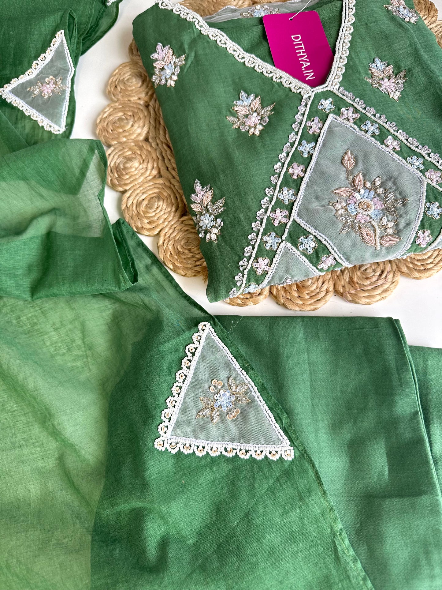 K329 - Mul Chanderi handwork straight Kurti with pants and dupatta