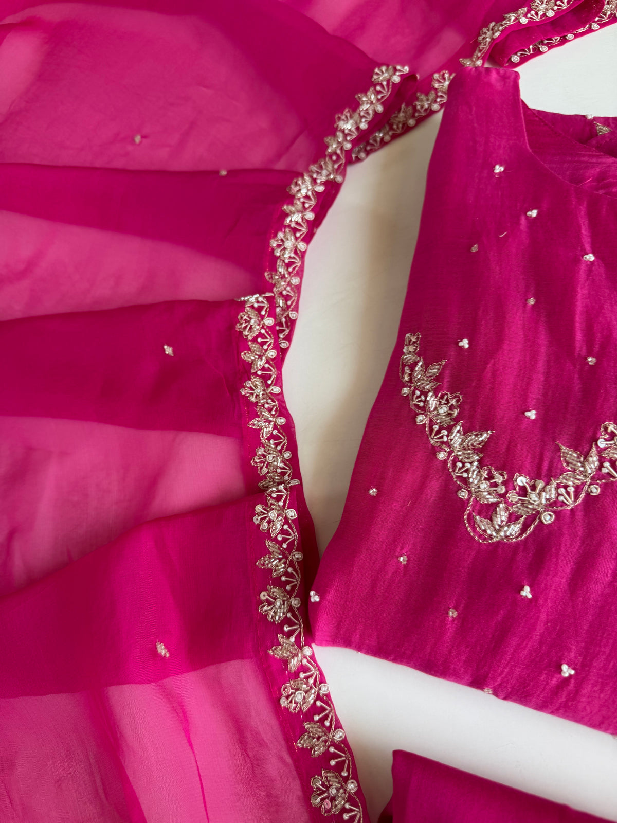 K210-Pure Banarasi Mul chanderi handwork aline Kurti with pants and dupatta