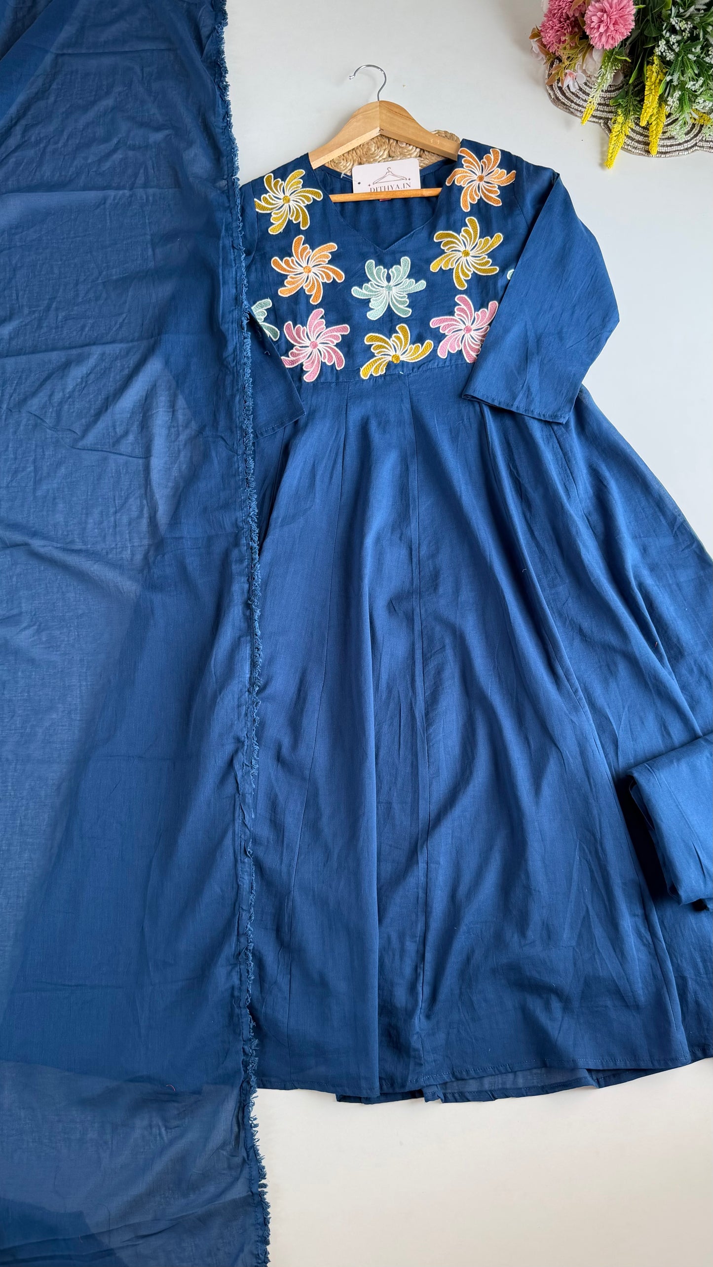 K678 - Mul cotton embroidered Anarkali with pants and dupatta