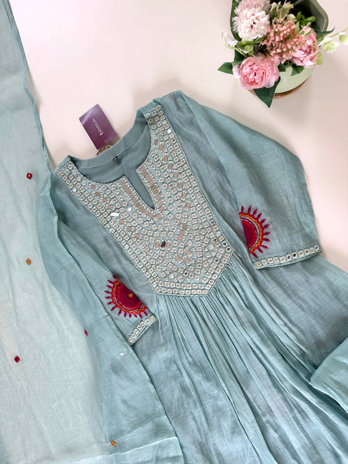 K052 - Pure Mul Chanderi mirror work  Anarkali with pants and dupatta.