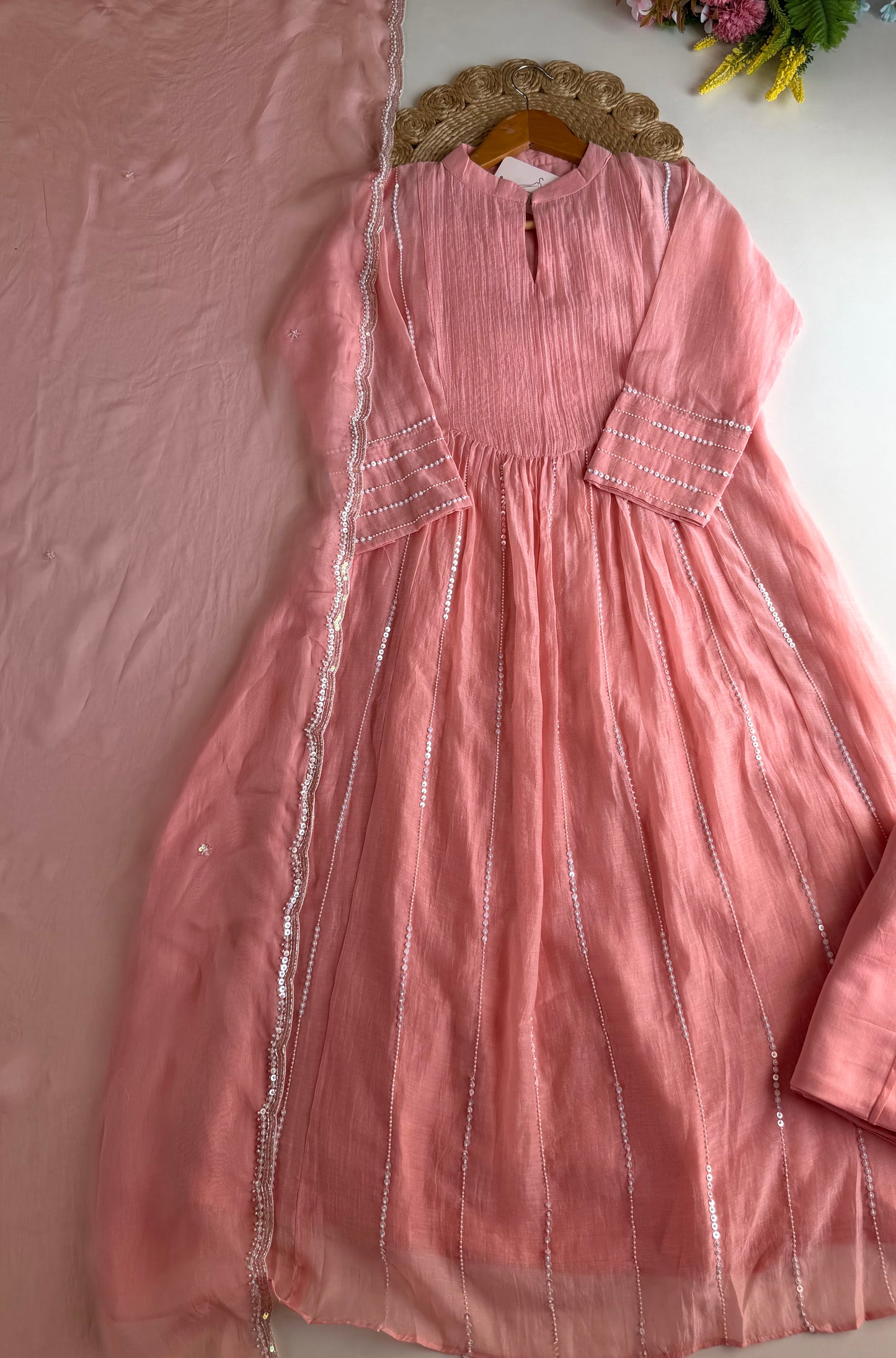 K651 - Mul chanderi handwork Anarkali with pants and dupatta