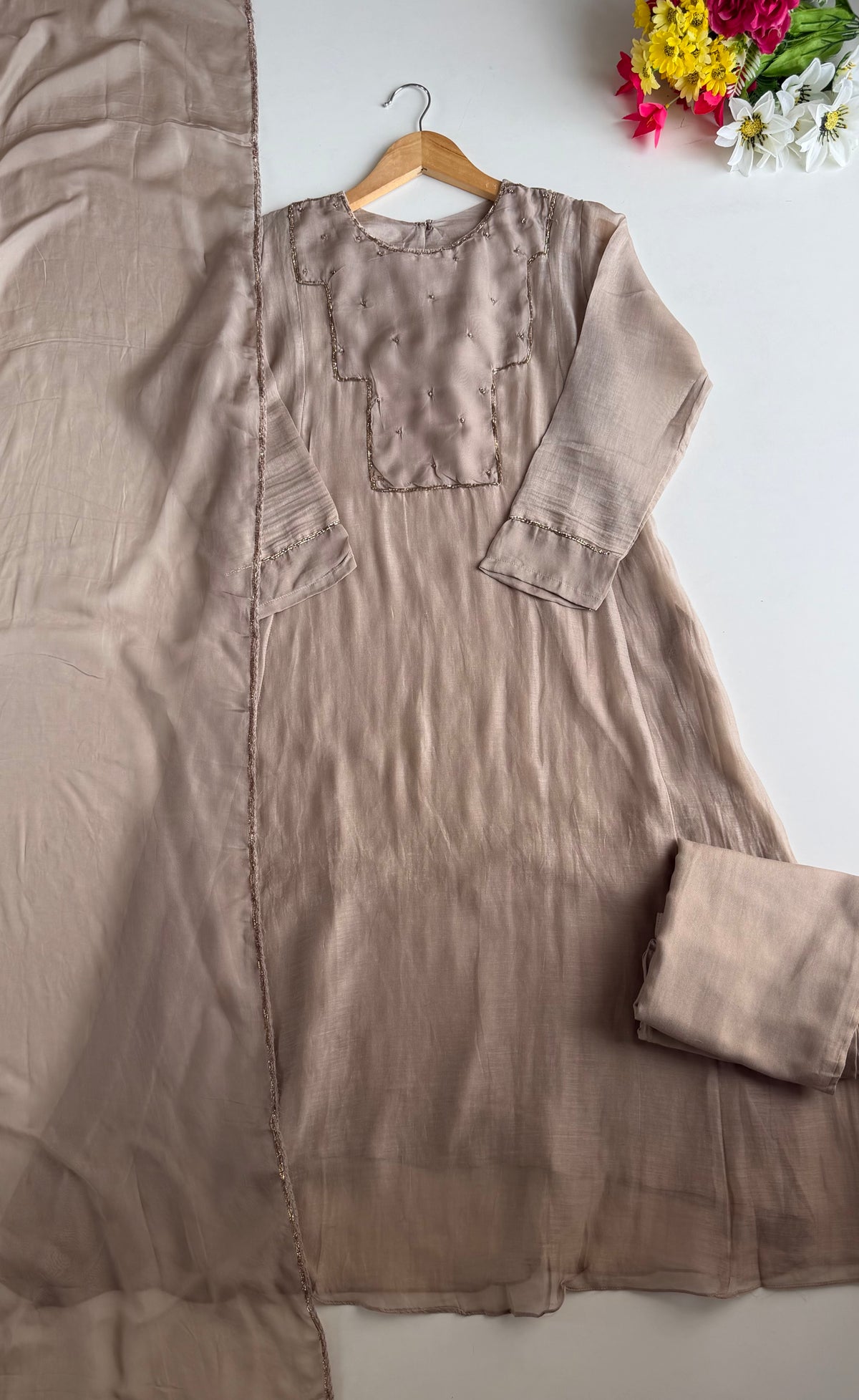 K704 - Mul chanderi pita work aline Kurti with pants and dupatta