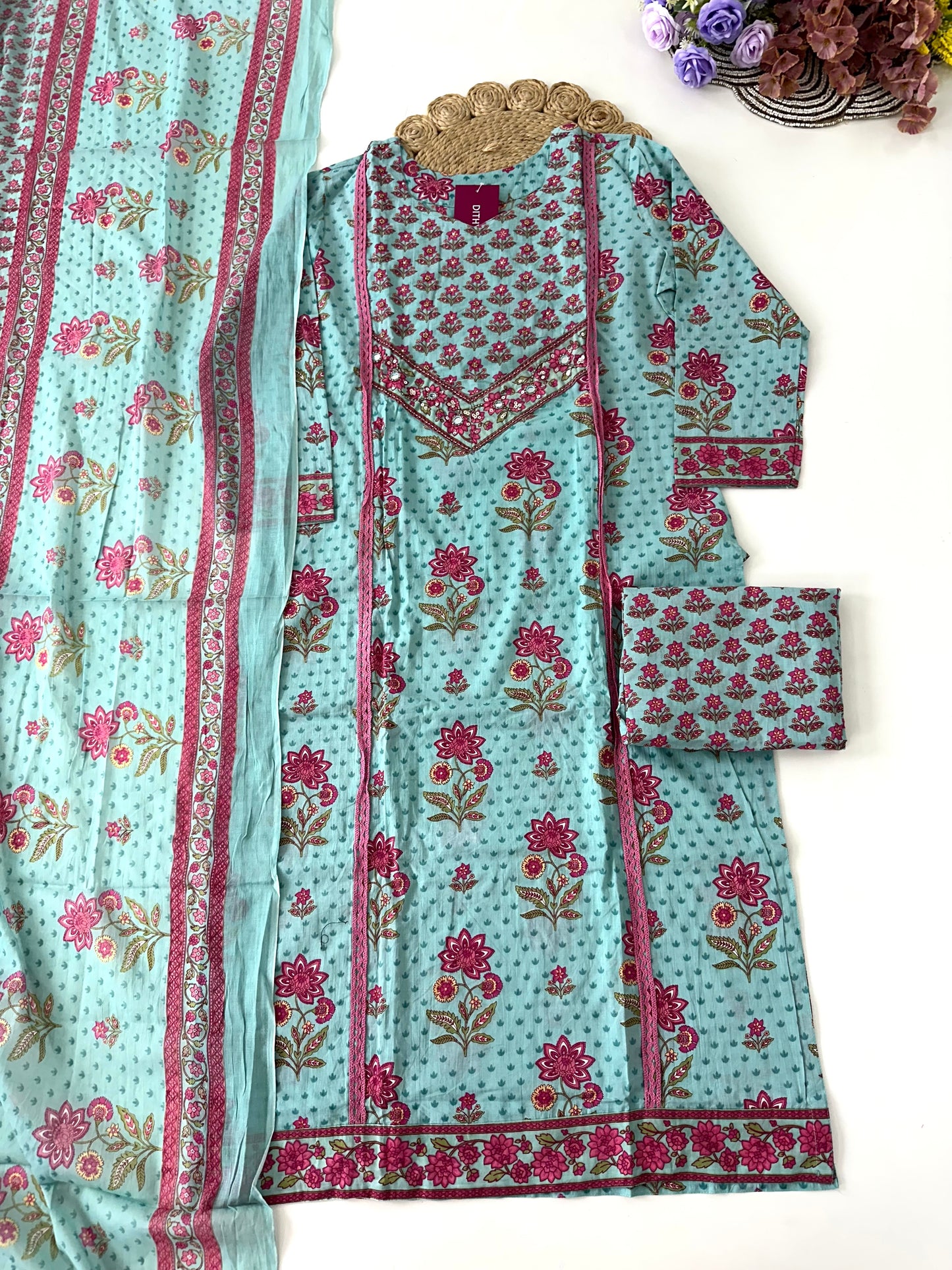 K348 - Cotton floral straight kurti with pants and dupatta