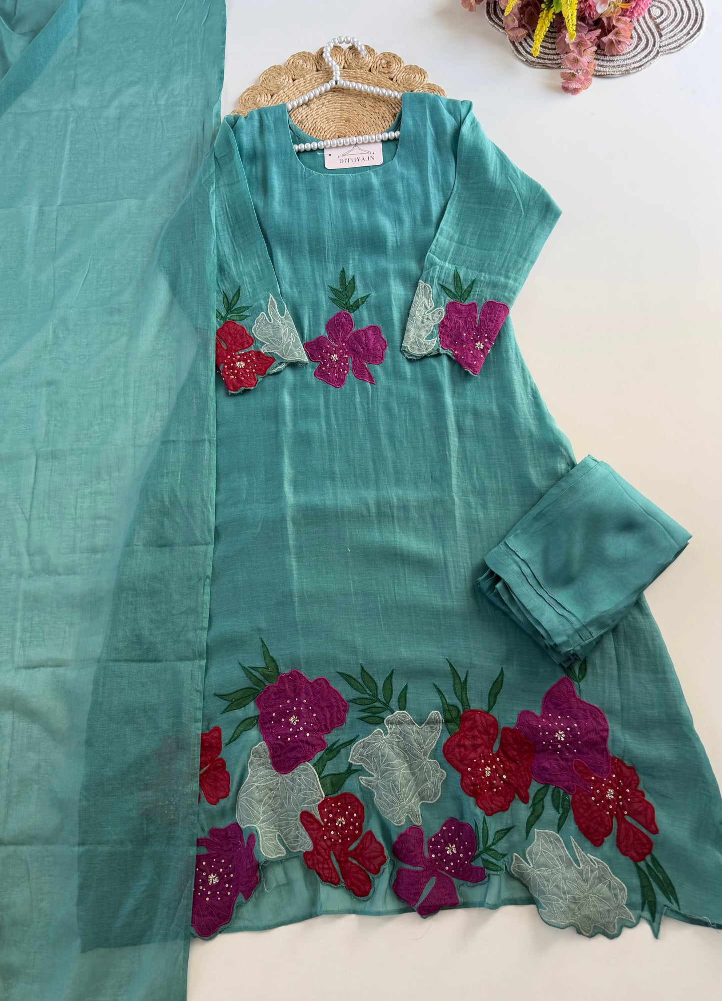 K251 - Mul chanderi appliqué work aline Kurti with pants and dupatta