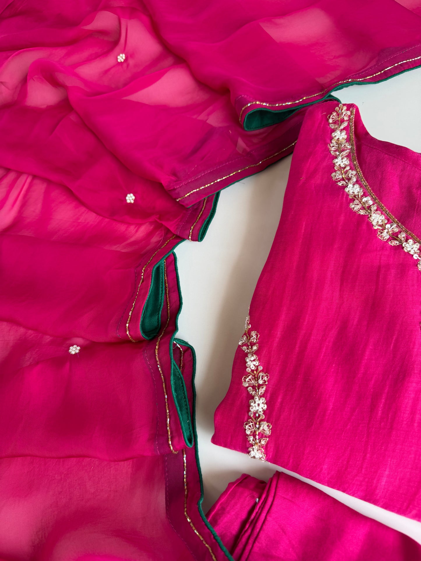K507 - Mul chanderi handwork aline Kurti with pants and dupatta