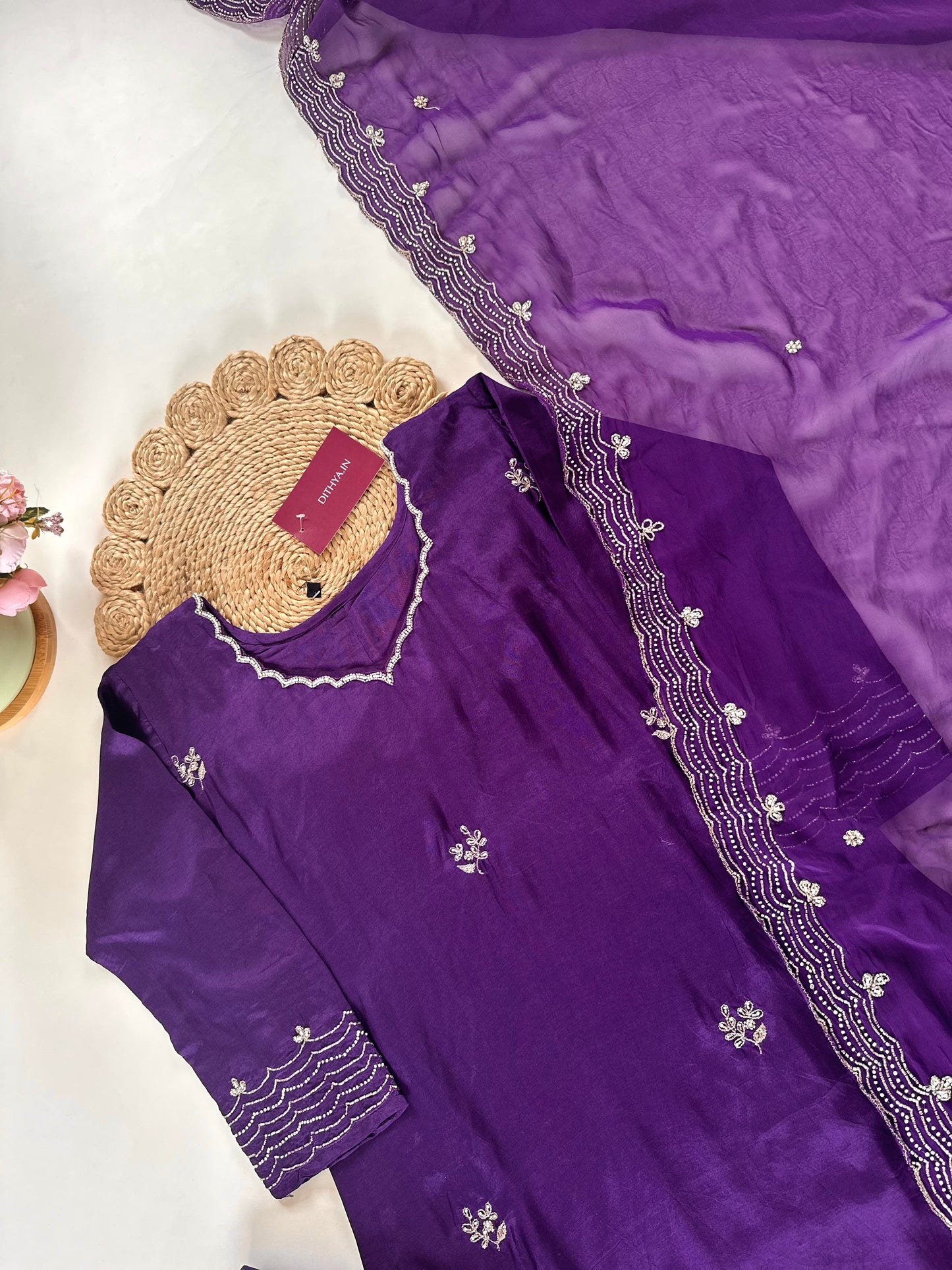 K131 - Russian silk handwork straight kurti with sharara and dupatta .