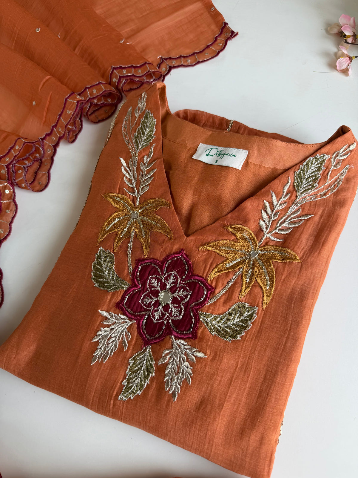 K713 - Mul chanderi appliqué embroidered Aline Kurti with pants and dupatta
