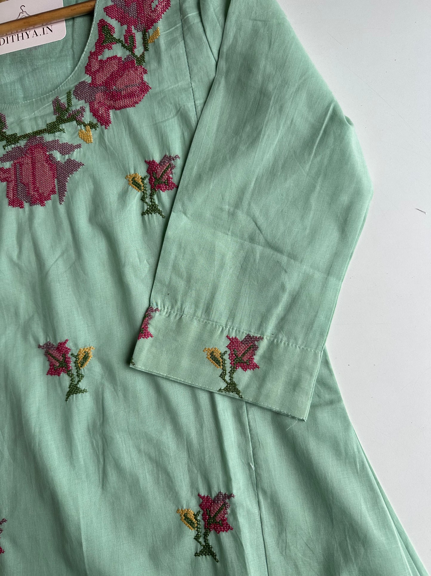 K145 - Mul cotton cross stitch Aline Kurti  with pants and dupatta