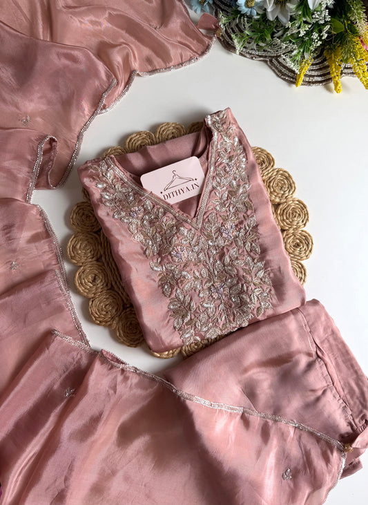 K597 - HO silk handwork Aline Kurti with pants and dupatta