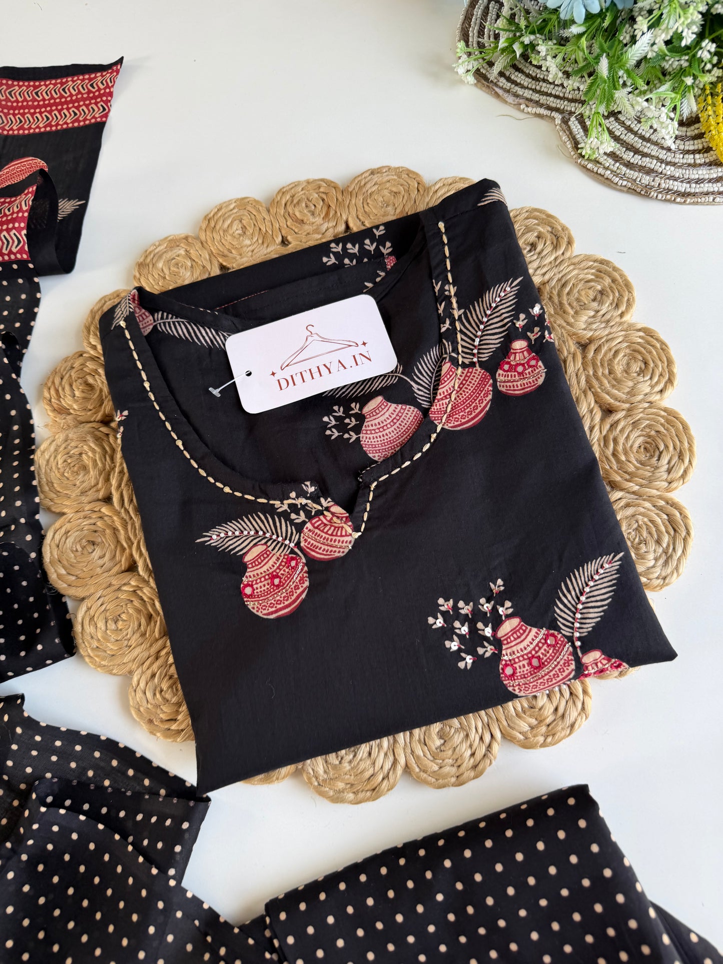 K691 - Mul cotton embroidered straight Kurti with pants and dupatta