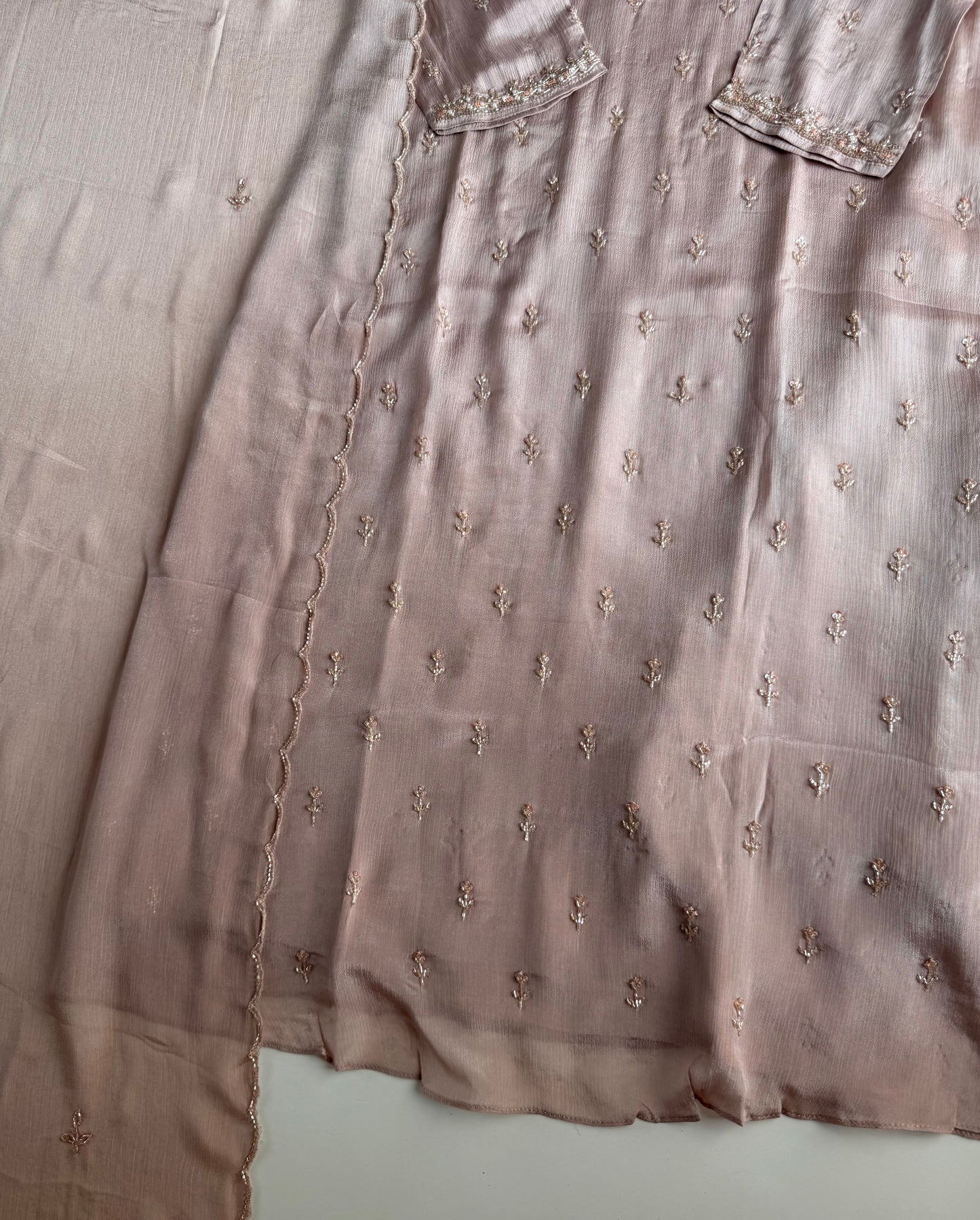 K534 - Chinnon handwork aline Kurti with divider pants and dupatta