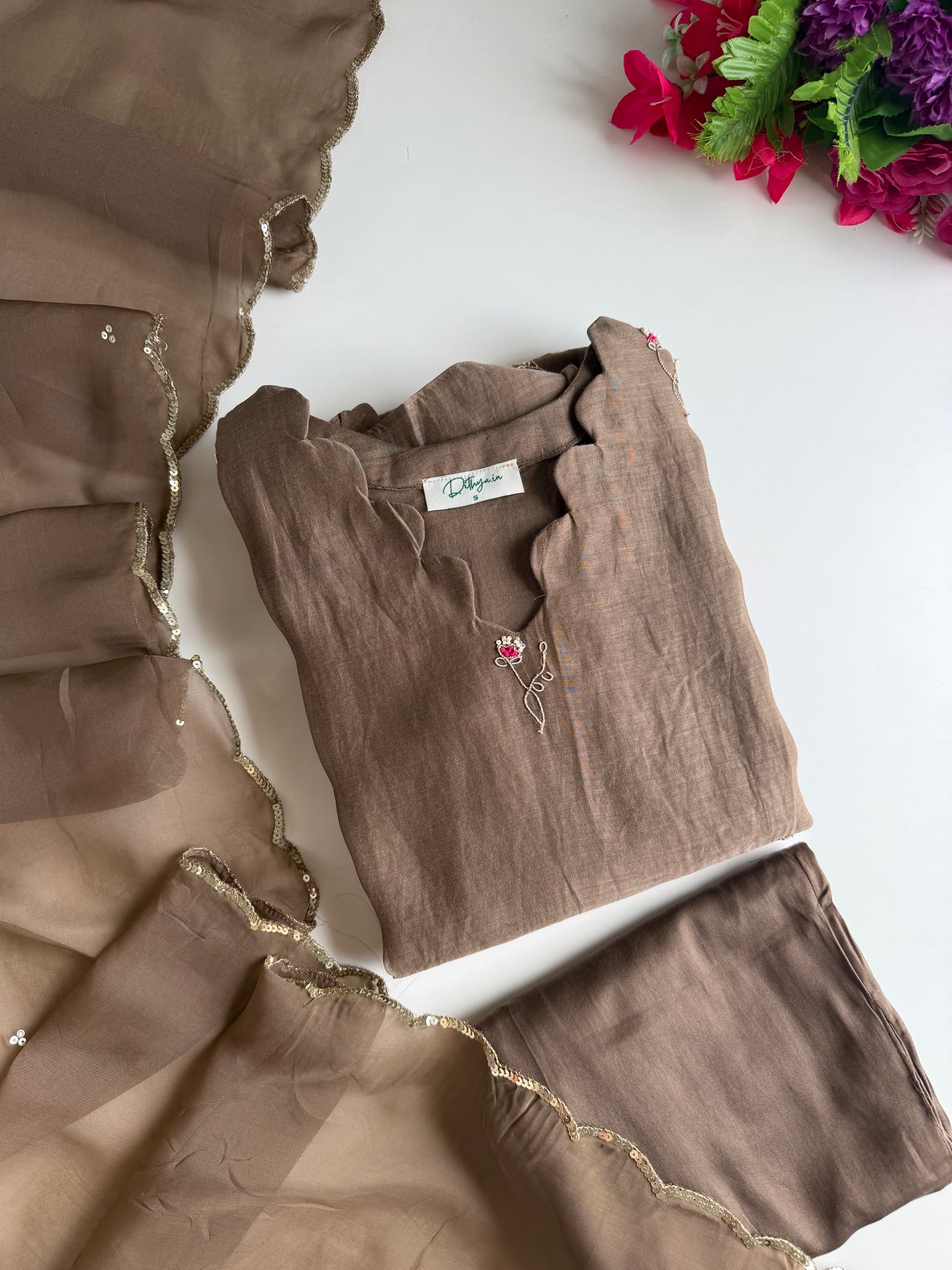 K469 - Mul chanderi handwork Aline Kurti with pants and dupatta in 2 colours