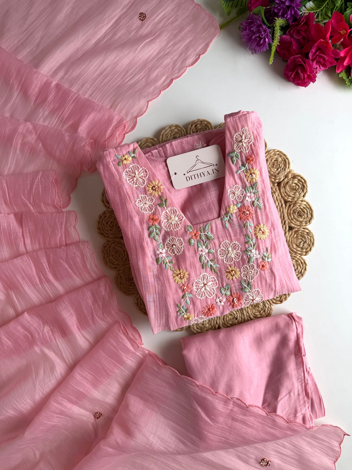 K678 - Mul chanderi embroidered Anarkali with pants and dupatta