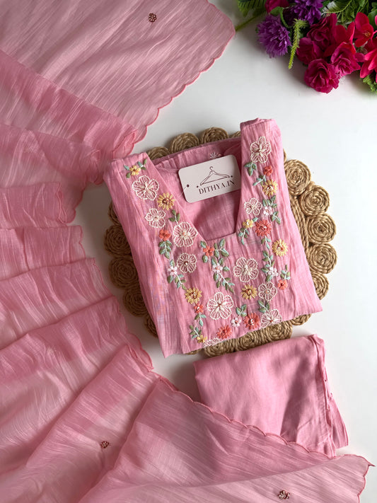 K678 - Mul chanderi embroidered Anarkali with pants and dupatta