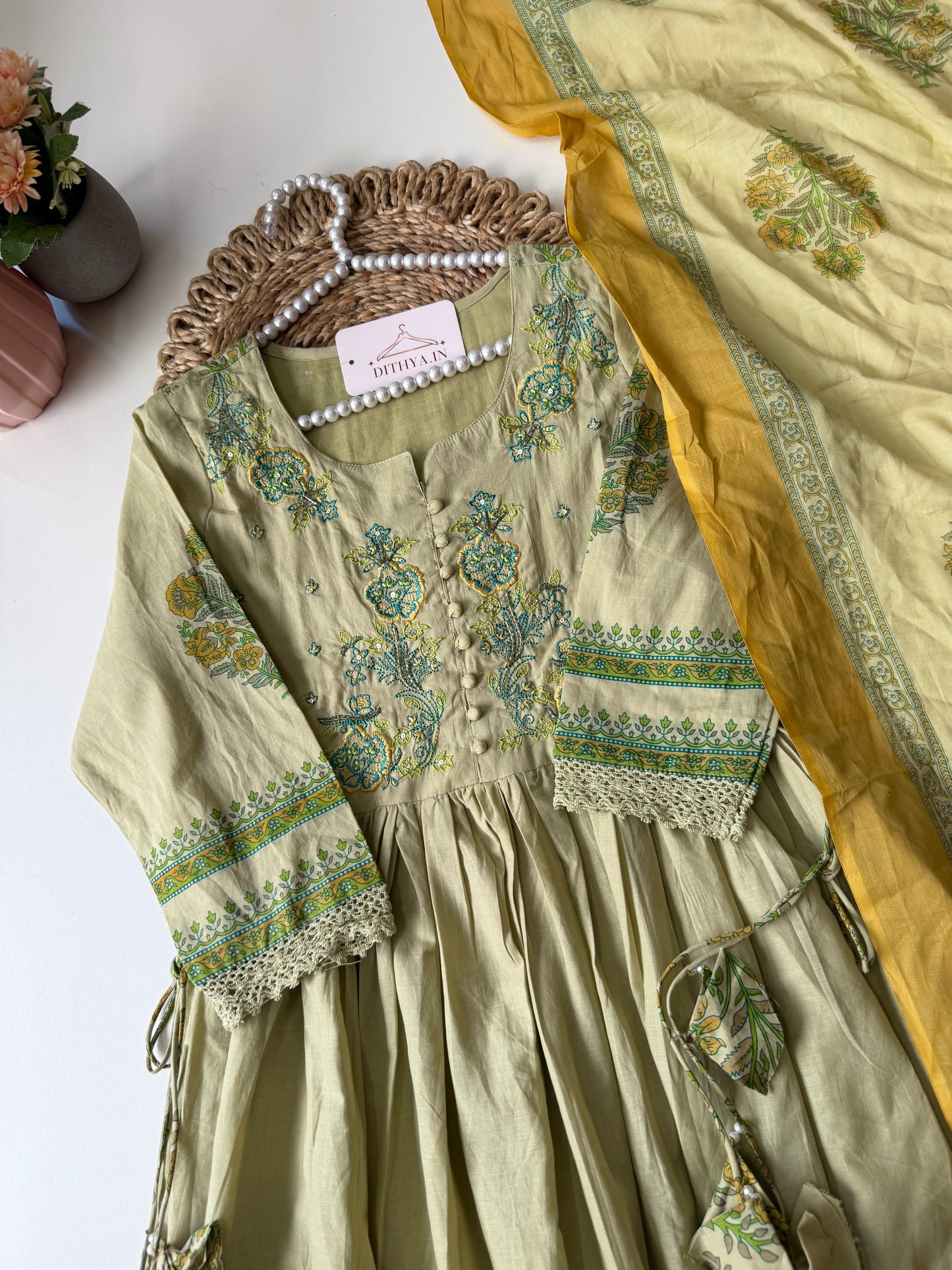 K585 - Cotton embroidery Anarkali with pants and dupatta