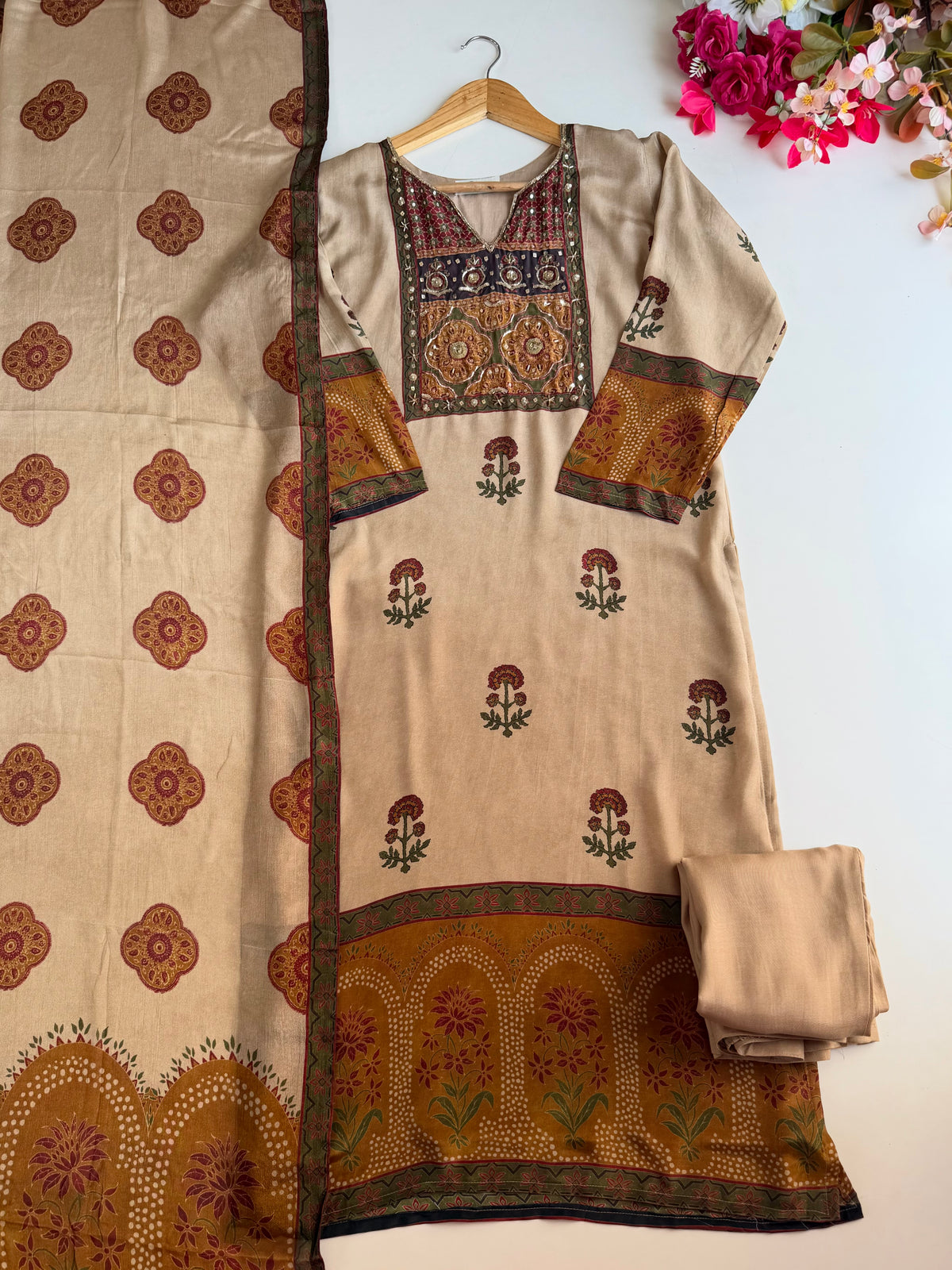 K248 - Pure crape handwork Ajrakh print straight Kurti with pants and dupatta