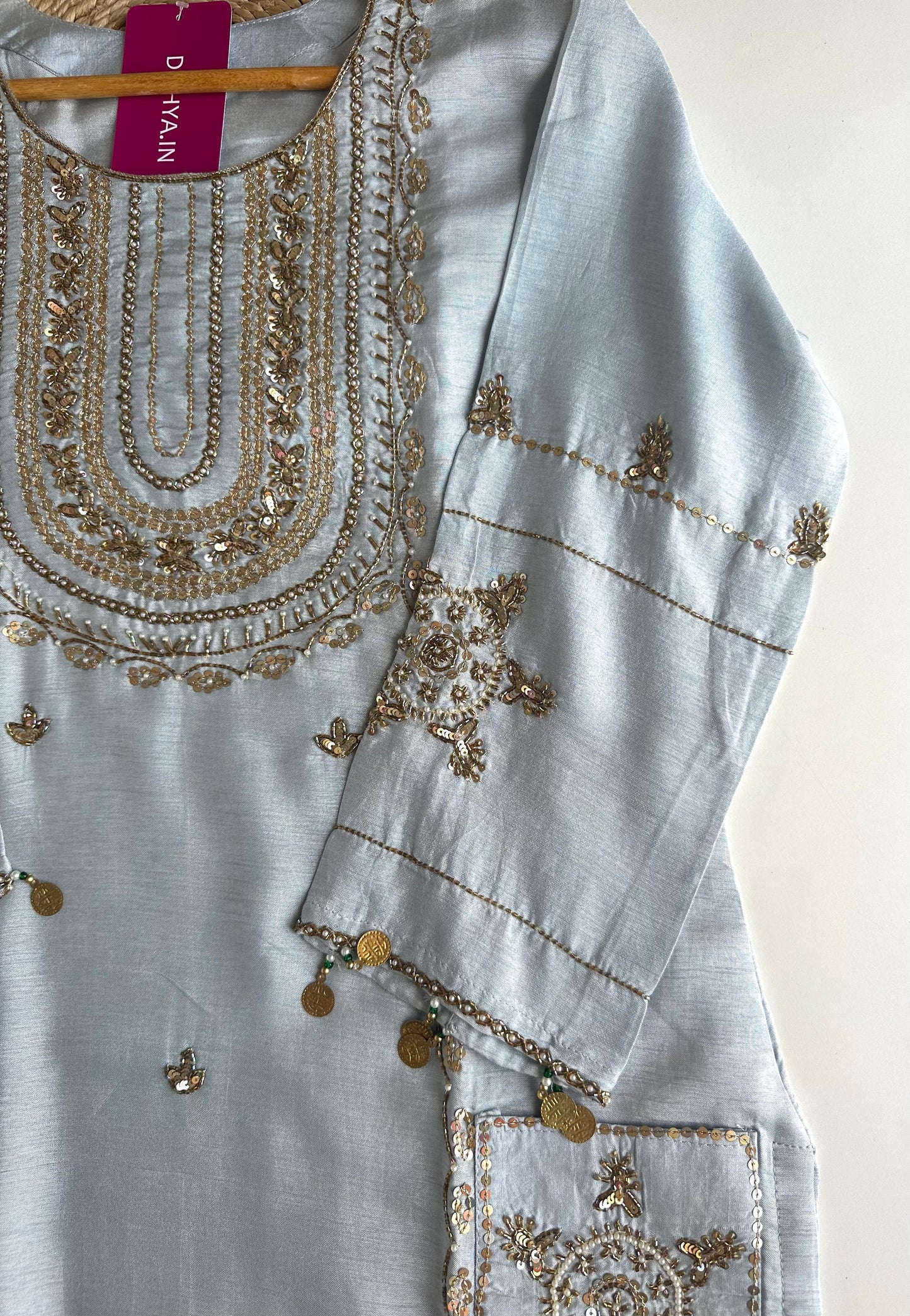 K188 - Russian silk handwork straight Kurti with pants and dupatta in 2 colours