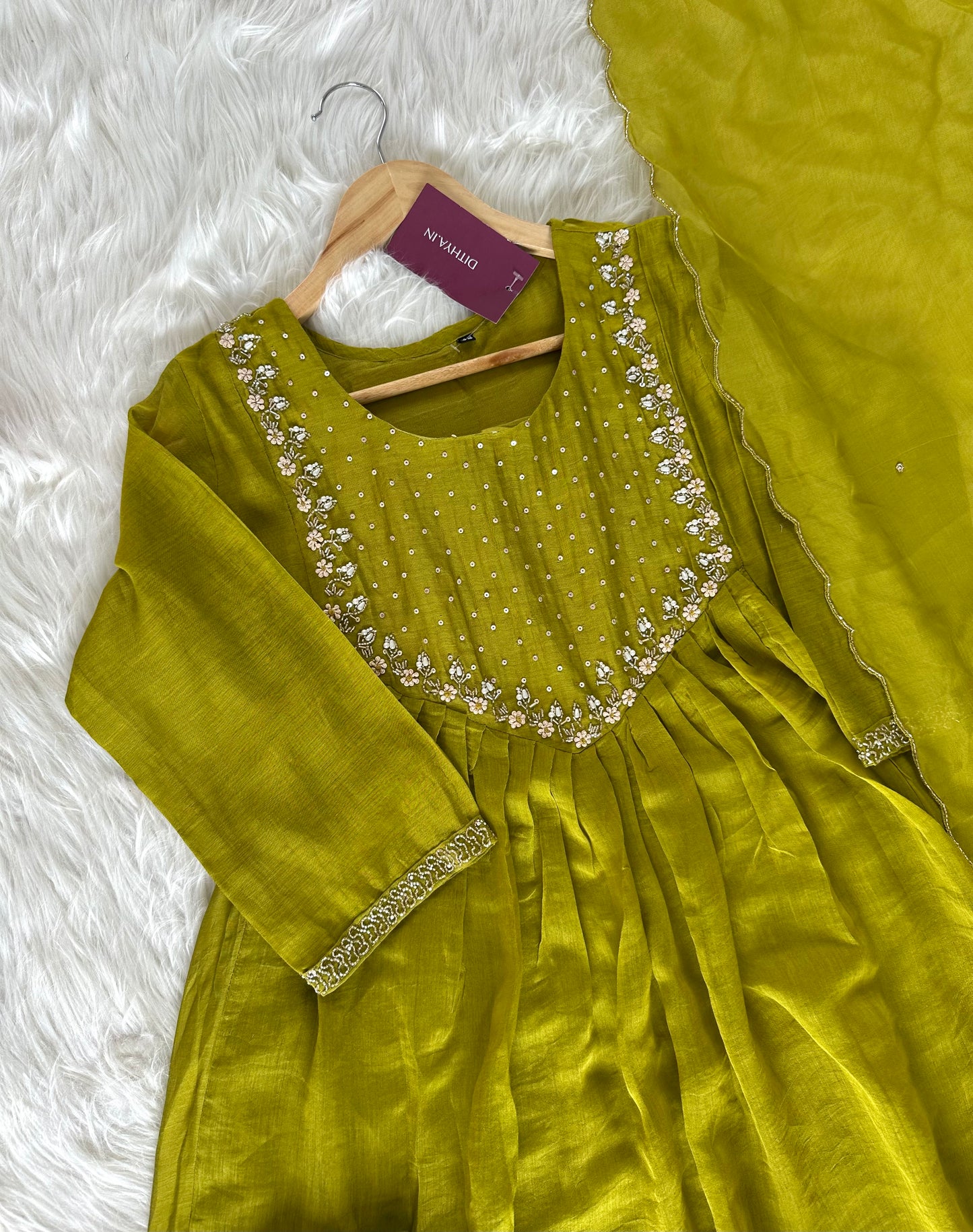 K087 - Mul Chanderi handwork Aline Kurti with pants and dupatta in 3 colours