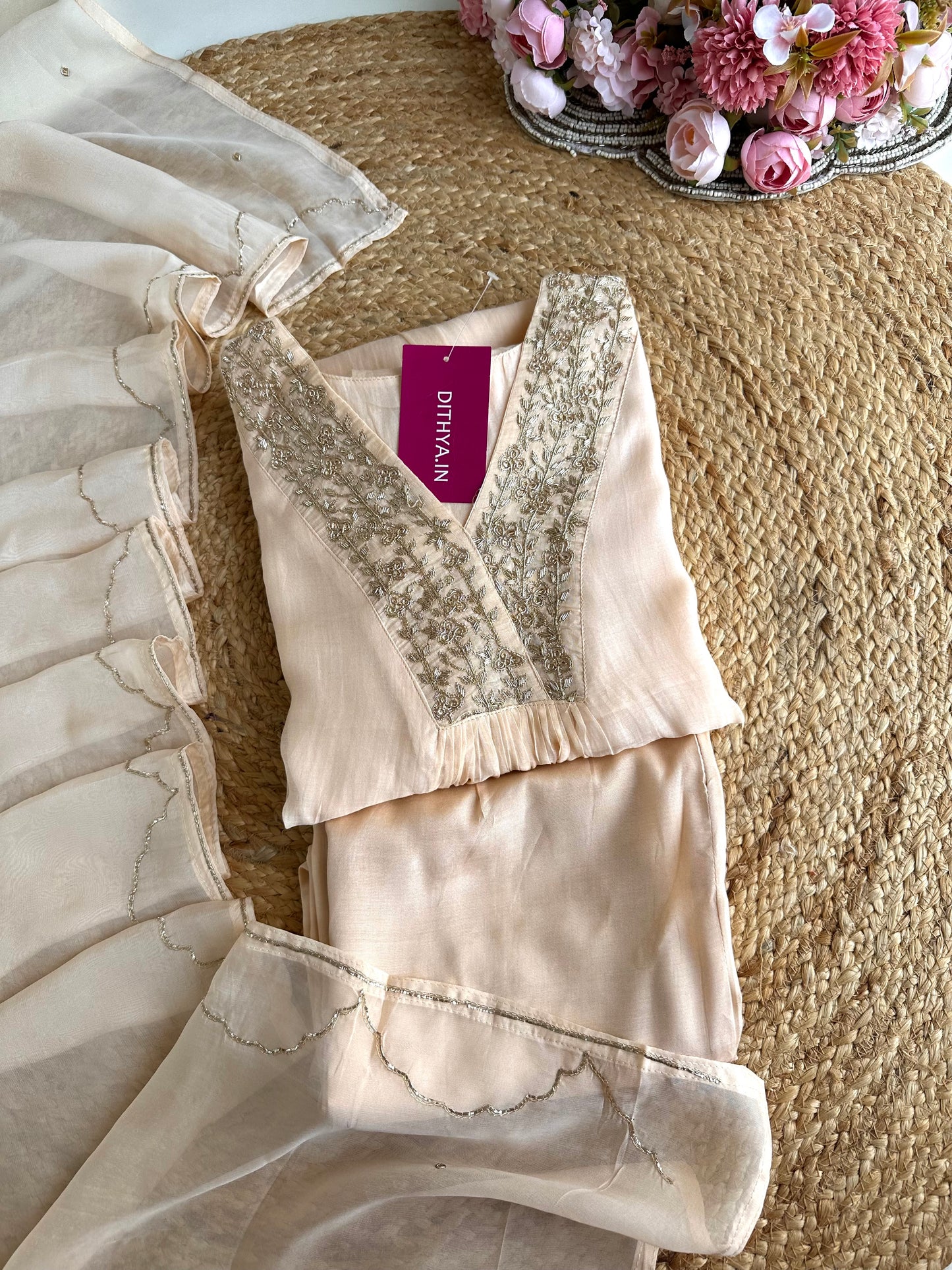 K165 - Mul Chanderi handwork Aline Kurti with pants and dupatta