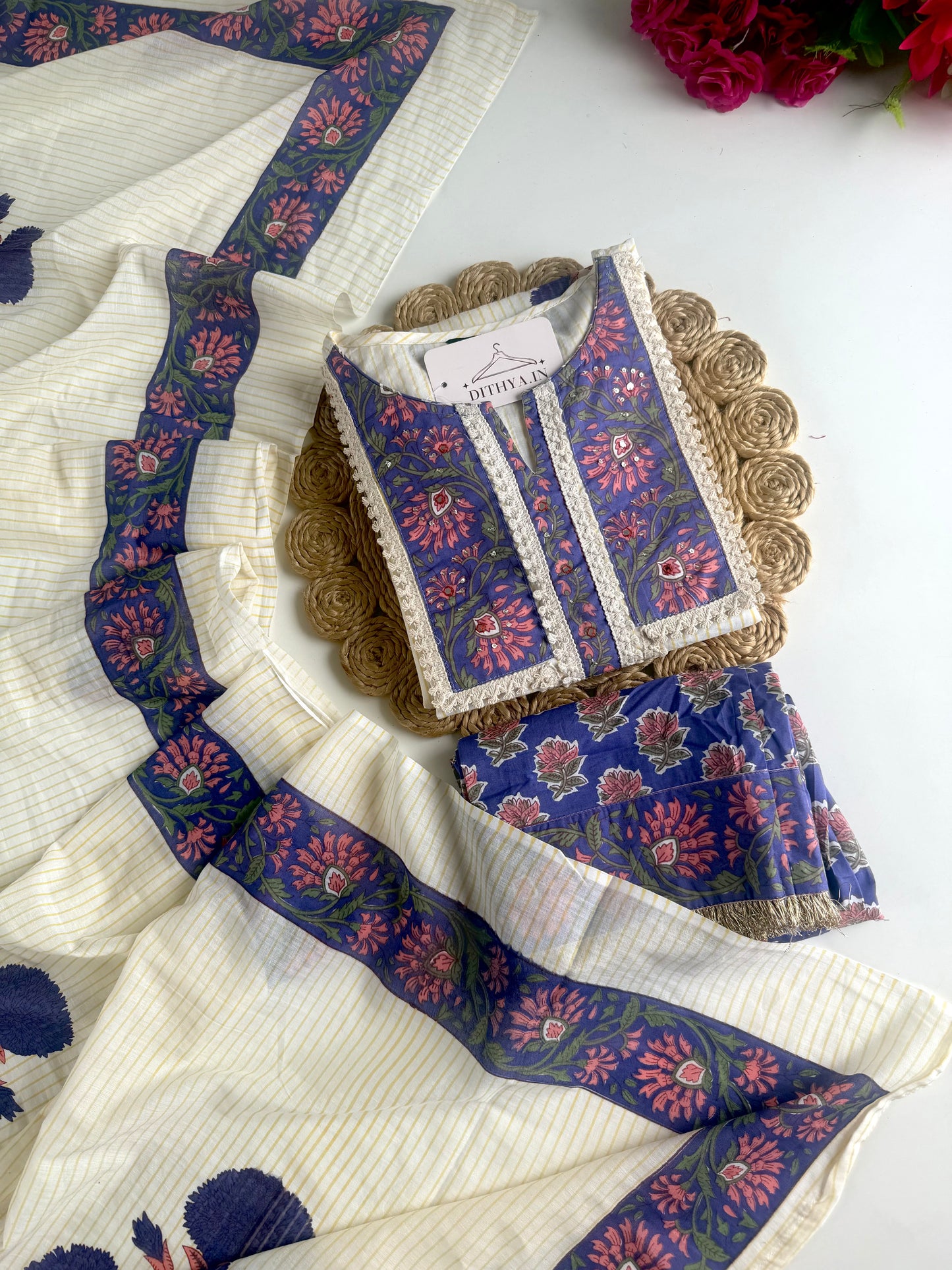 K344 - Mul cotton embroidered Aline Kurti with pants and dupatta