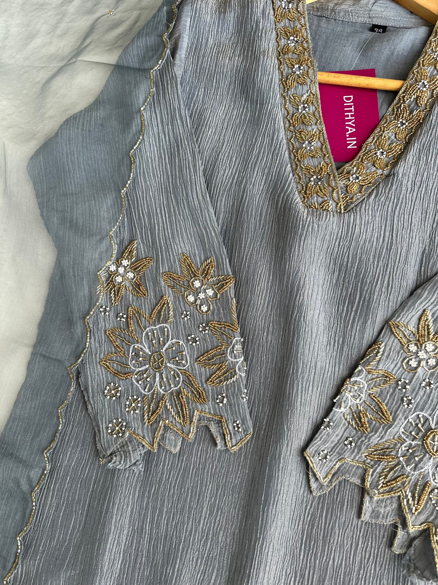 K057 - Crush tissue handwork straight Kurti with pants and dupatta